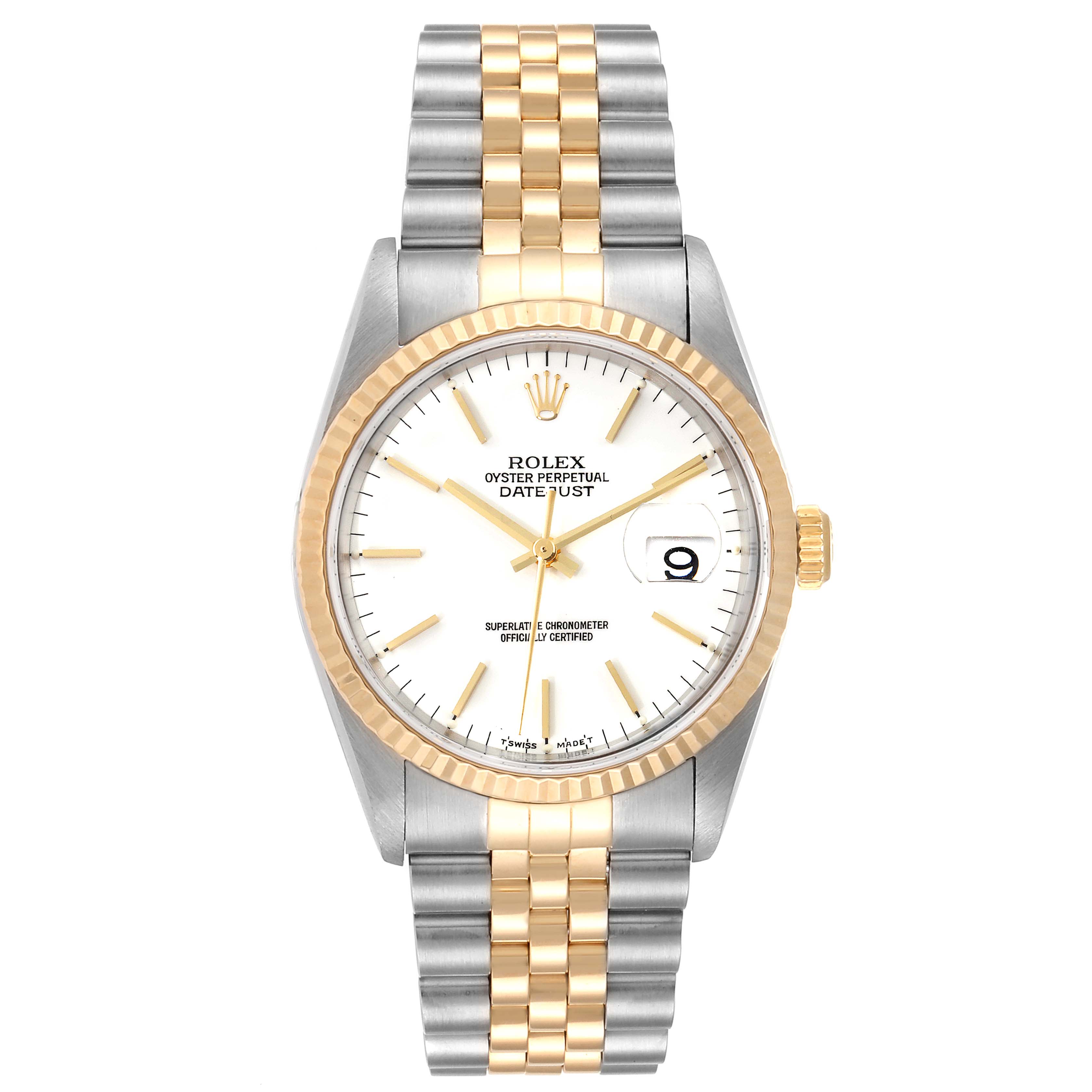 The image shows a frontal view of a Rolex Datejust 16233 Men's Steel and Gold (two tone) White Dial 16233 Men's Steel and Gold (two tone) White Dial watch, highlighting its dial, bezel, bracelet, and crown.