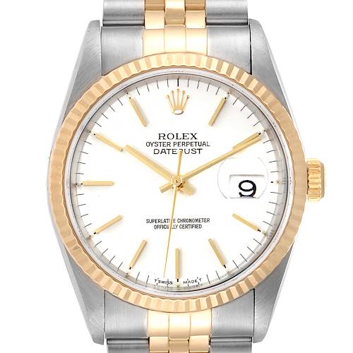 The image shows a front view of a Rolex Datejust watch, highlighting its dial, hands, bezel, and part of the bracelet.