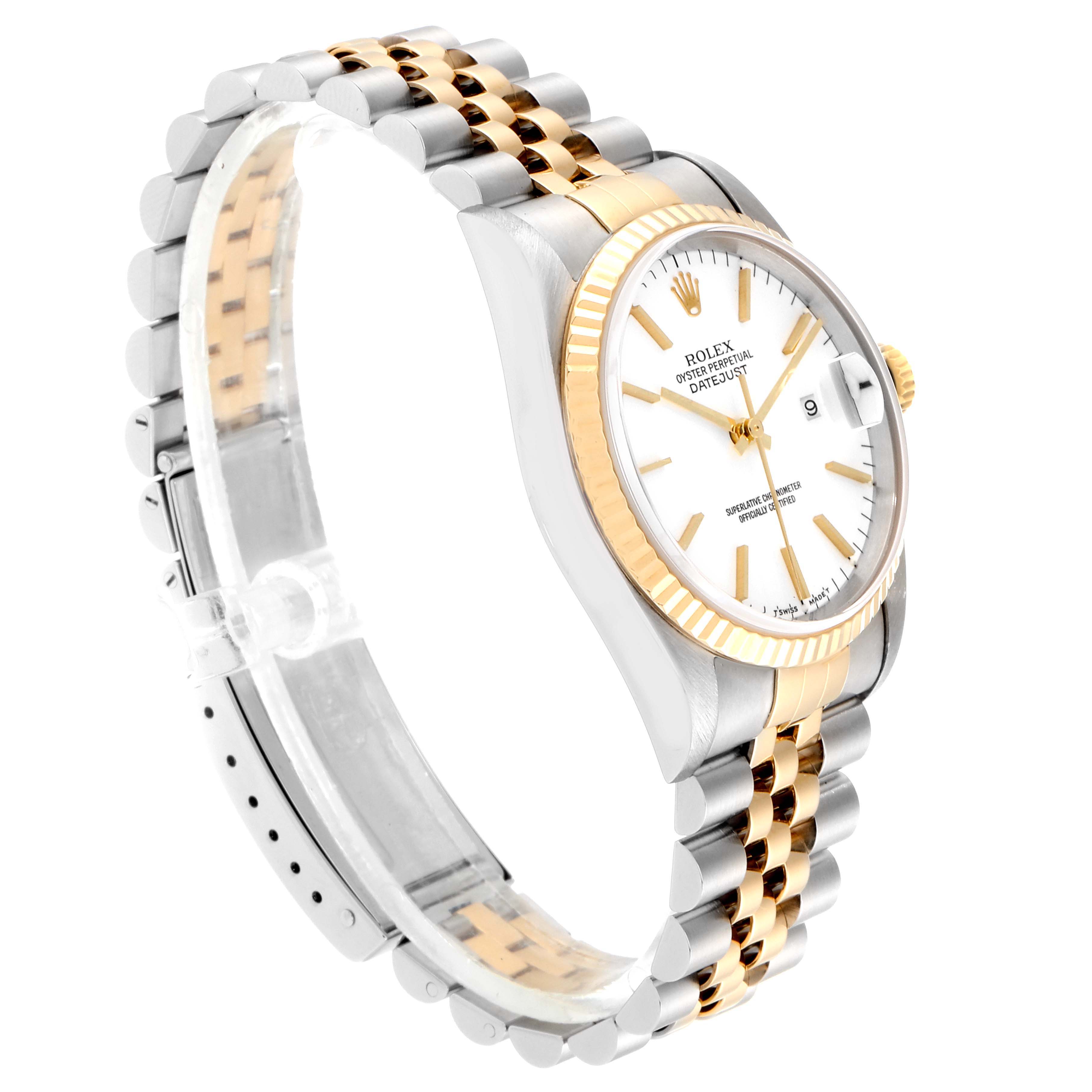 The image shows a Rolex Datejust 16233 Men's Steel and Gold (two tone) White Dial 16233 Men's Steel and Gold (two tone) White Dial watch at a 3/4 angle, highlighting its two-tone bracelet and fluted bezel.