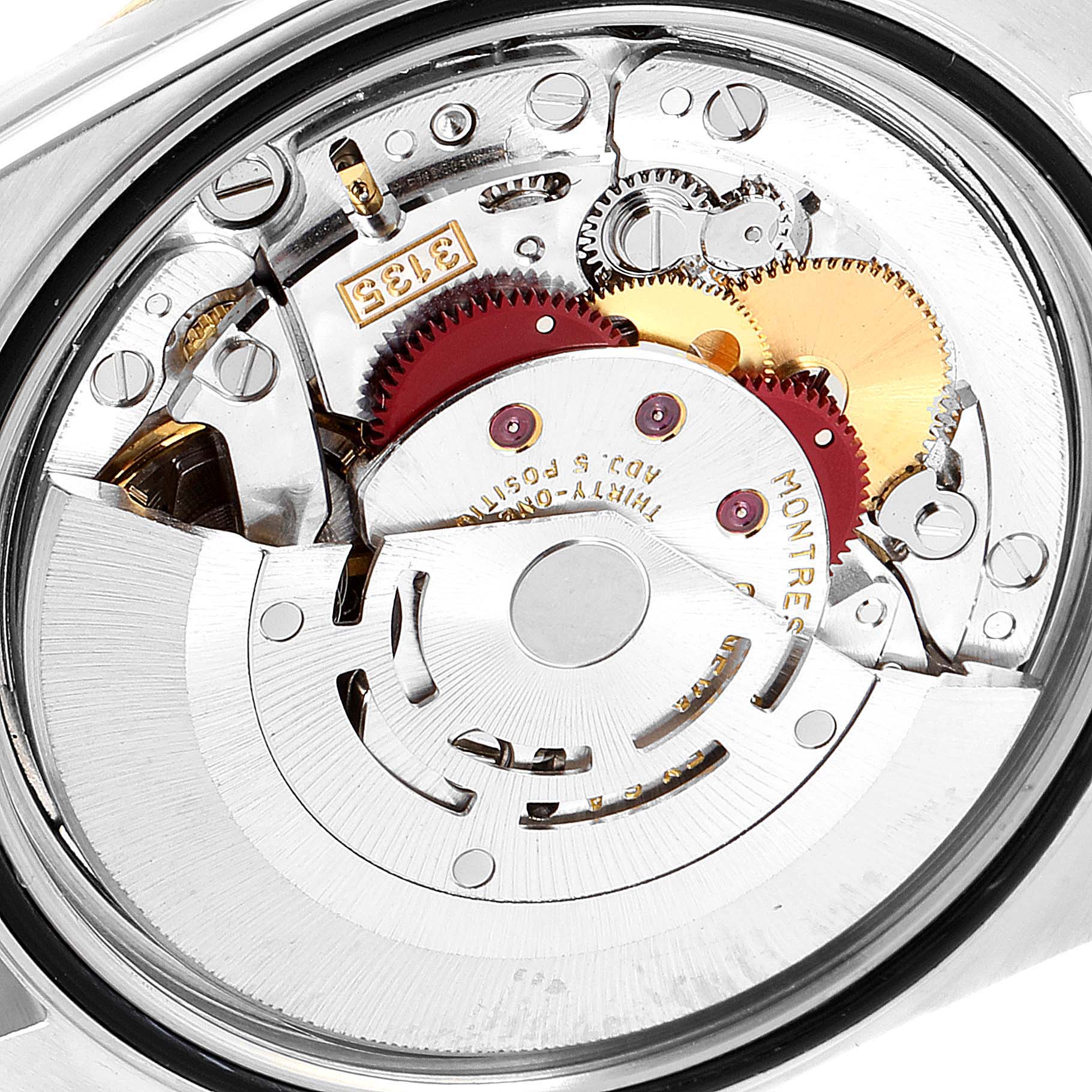 The image shows the movement and internal mechanical parts of a Rolex Datejust 16233 Men's Steel and Gold (two tone) White Dial 16233 Men's Steel and Gold (two tone) White Dial watch.