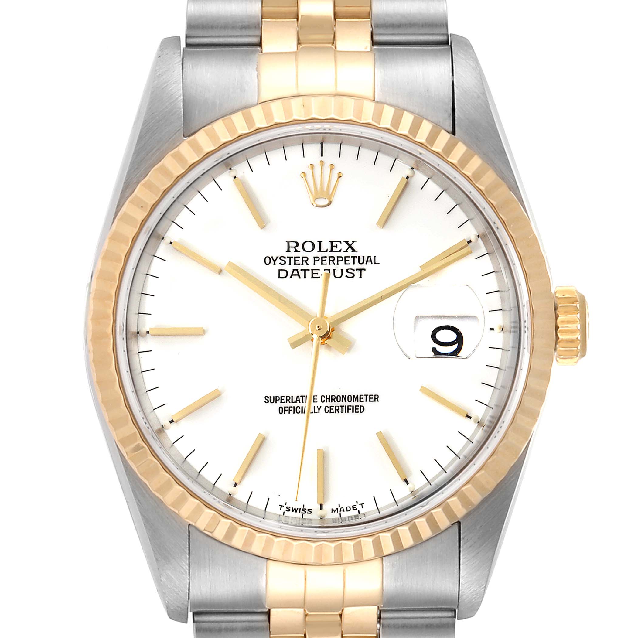 This image shows a Rolex Datejust 16233 Men's Steel and Gold (two tone) White Dial 16233 Men's Steel and Gold (two tone) White Dial watch from the front, highlighting the dial, bezel, hands, and bracelet.
