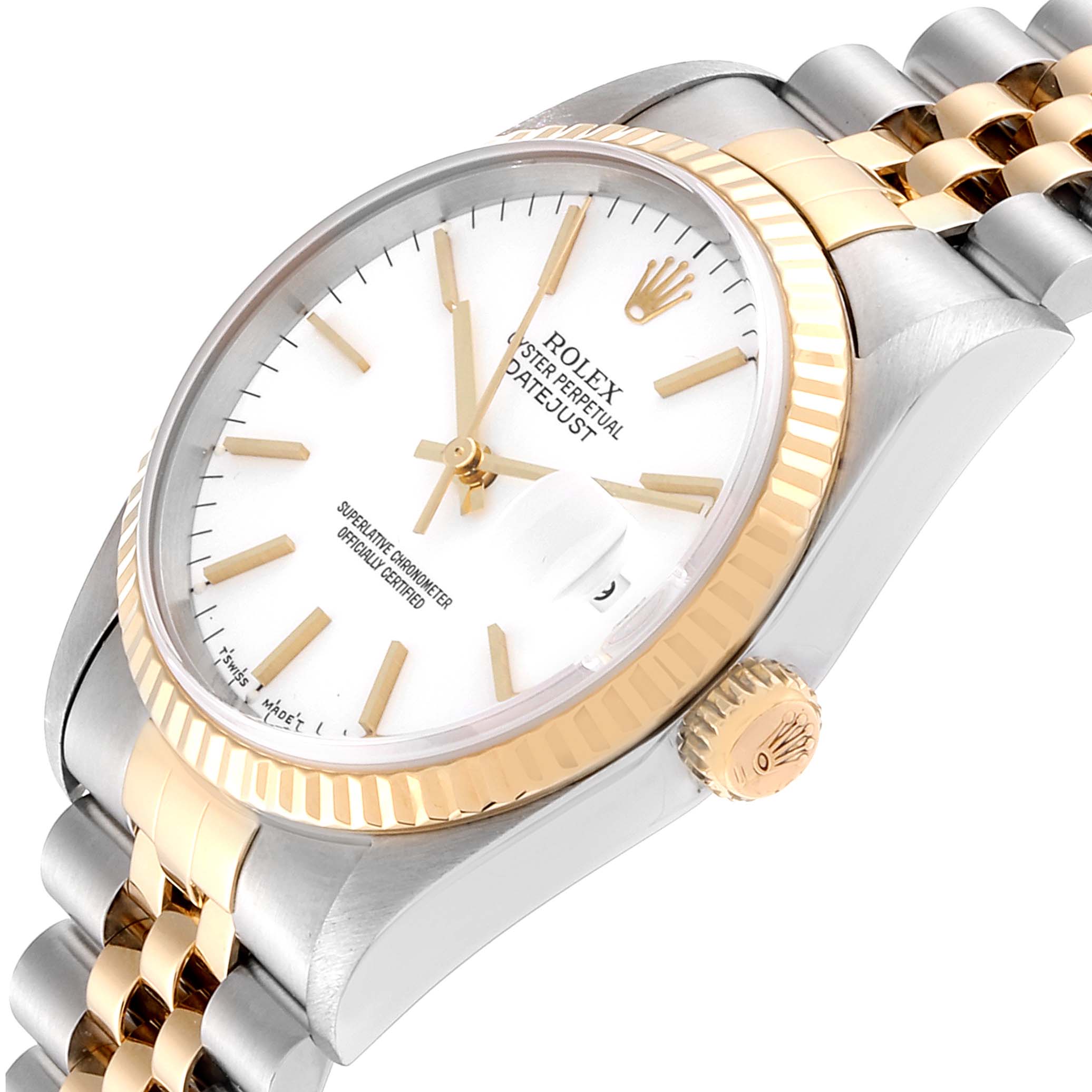 This image shows a close-up angle of the Rolex Datejust 16233 Men's Steel and Gold (two tone) White Dial 16233 Men's Steel and Gold (two tone) White Dial watch, highlighting the dial, bezel, crown, and Jubilee bracelet.
