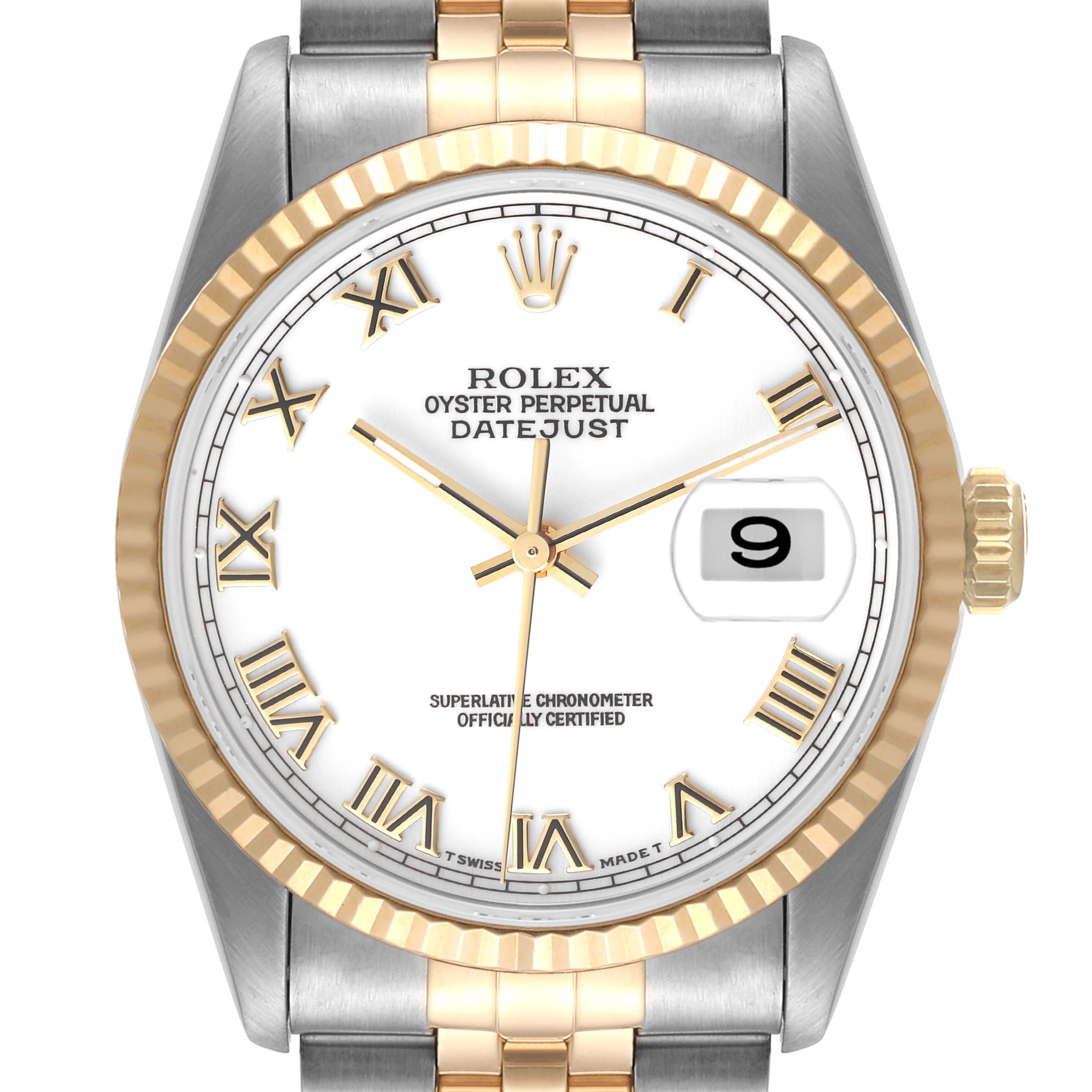 The image shows the face of a Rolex Datejust 16233 Men's Steel and Gold (two tone) White Dial 16233 Men's Steel and Gold (two tone) White Dial watch, highlighting its dial, bezel, crown, and two-tone bracelet.