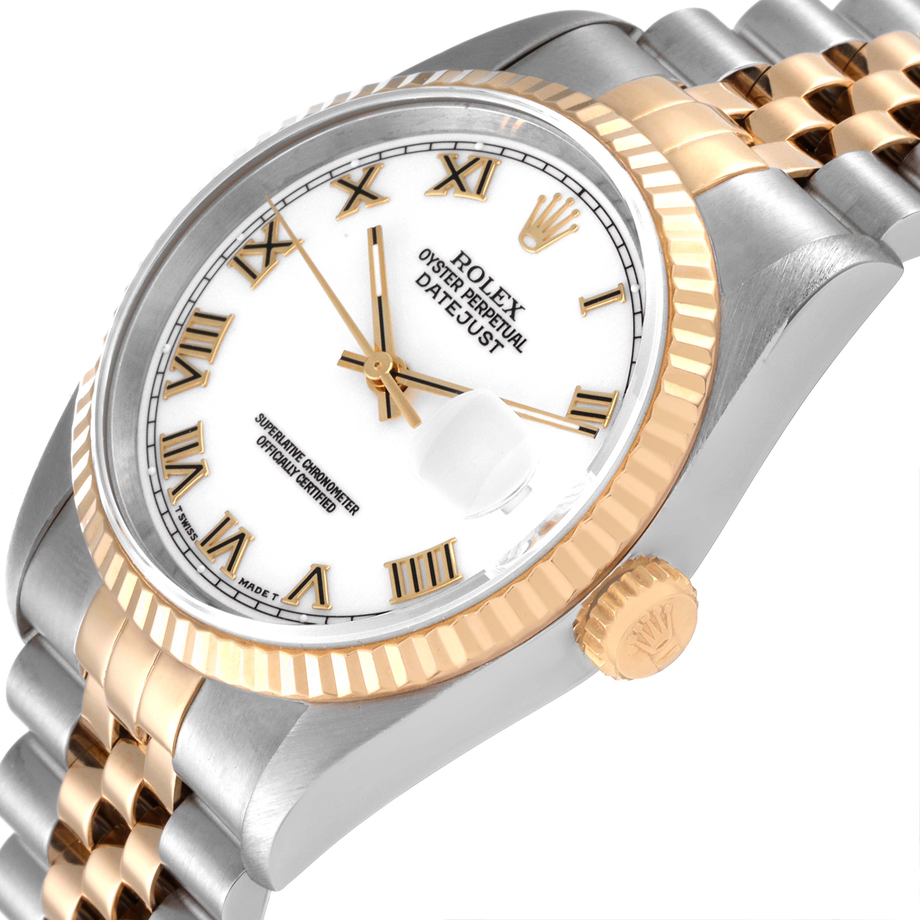 The image shows a close-up angled view of the face, bezel, crown, and bracelet of the Rolex Datejust 16233 Men's Steel and Gold (two tone) White Dial 16233 Men's Steel and Gold (two tone) White Dial watch.