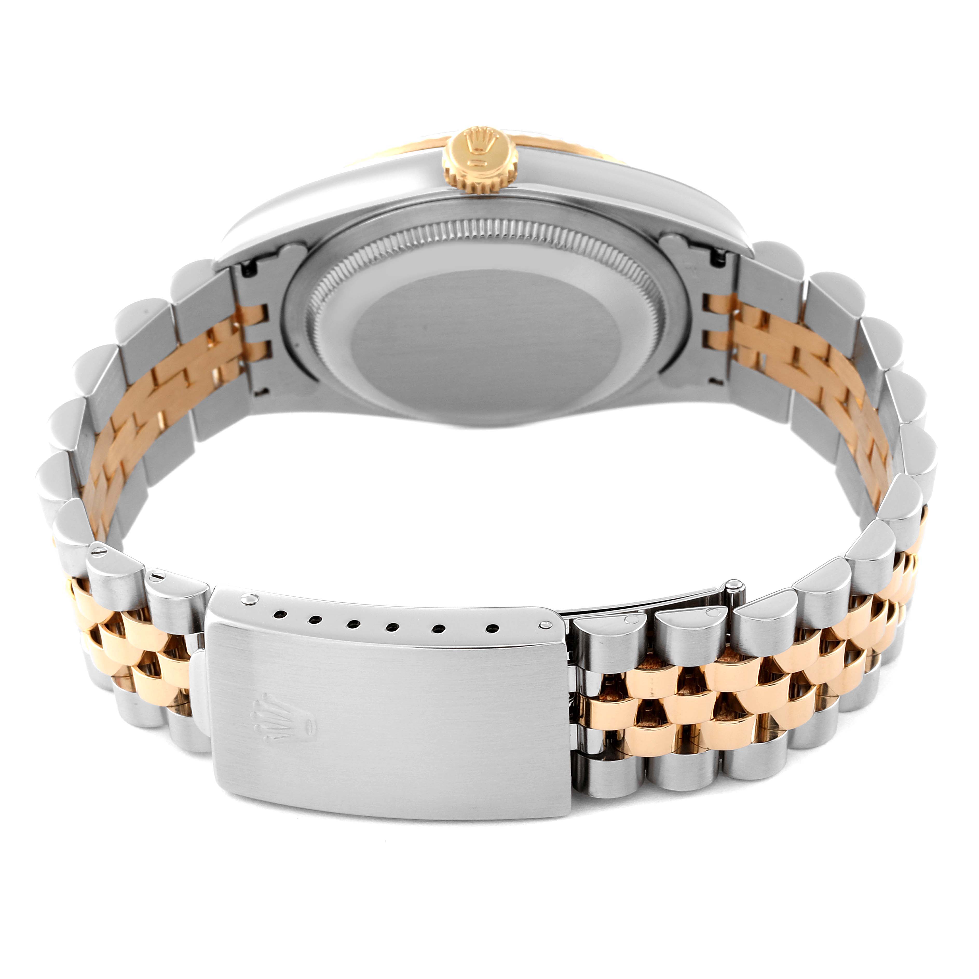 The image shows the back view of a Rolex Datejust 16233 Men's Steel and Gold (two tone) White Dial 16233 Men's Steel and Gold (two tone) White Dial watch, highlighting the two-tone bracelet and the clasp.