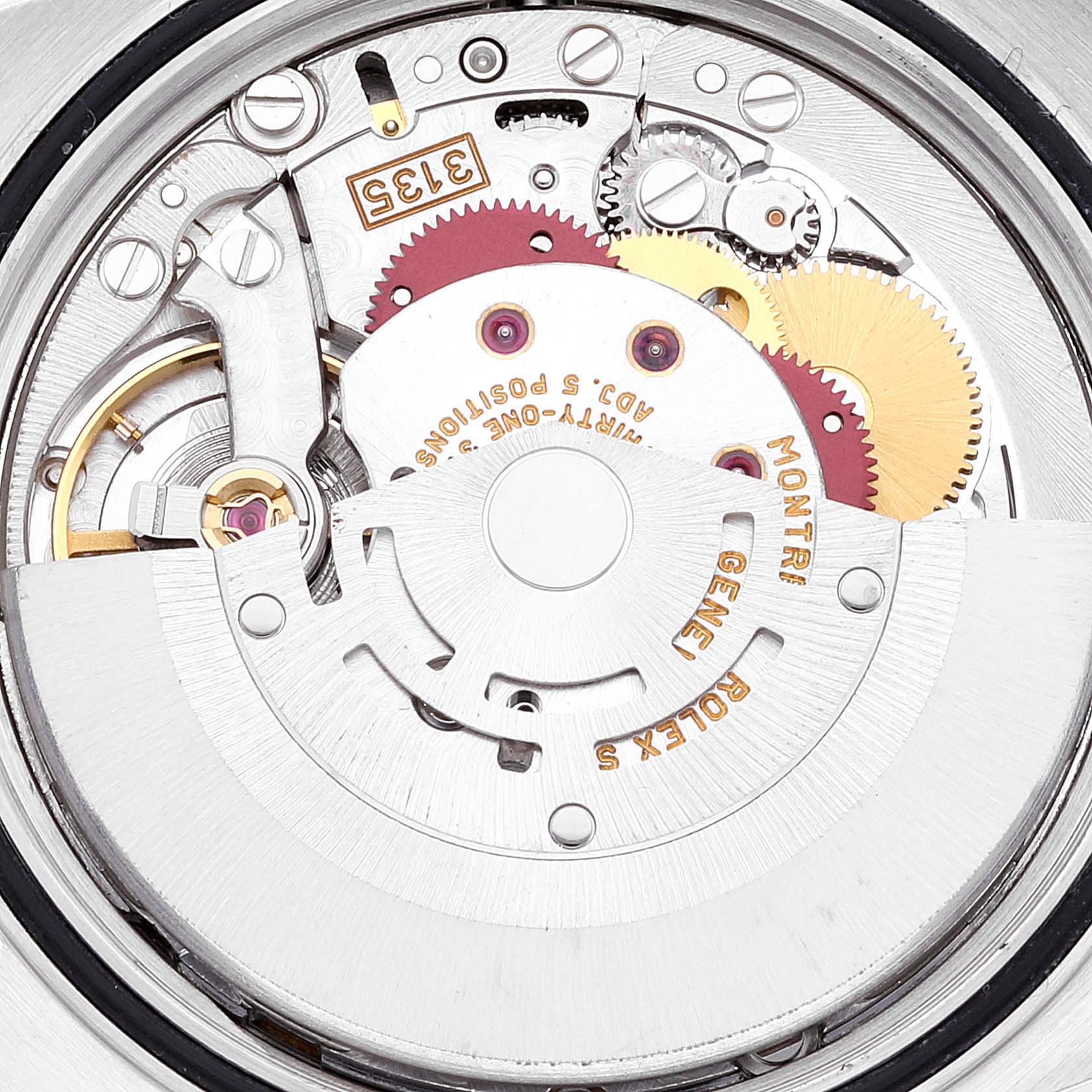 Close-up view of the internal mechanical components of the Rolex Datejust 16233 Men's Steel and Gold (two tone) White Dial 16233 Men's Steel and Gold (two tone) White Dial watch model.