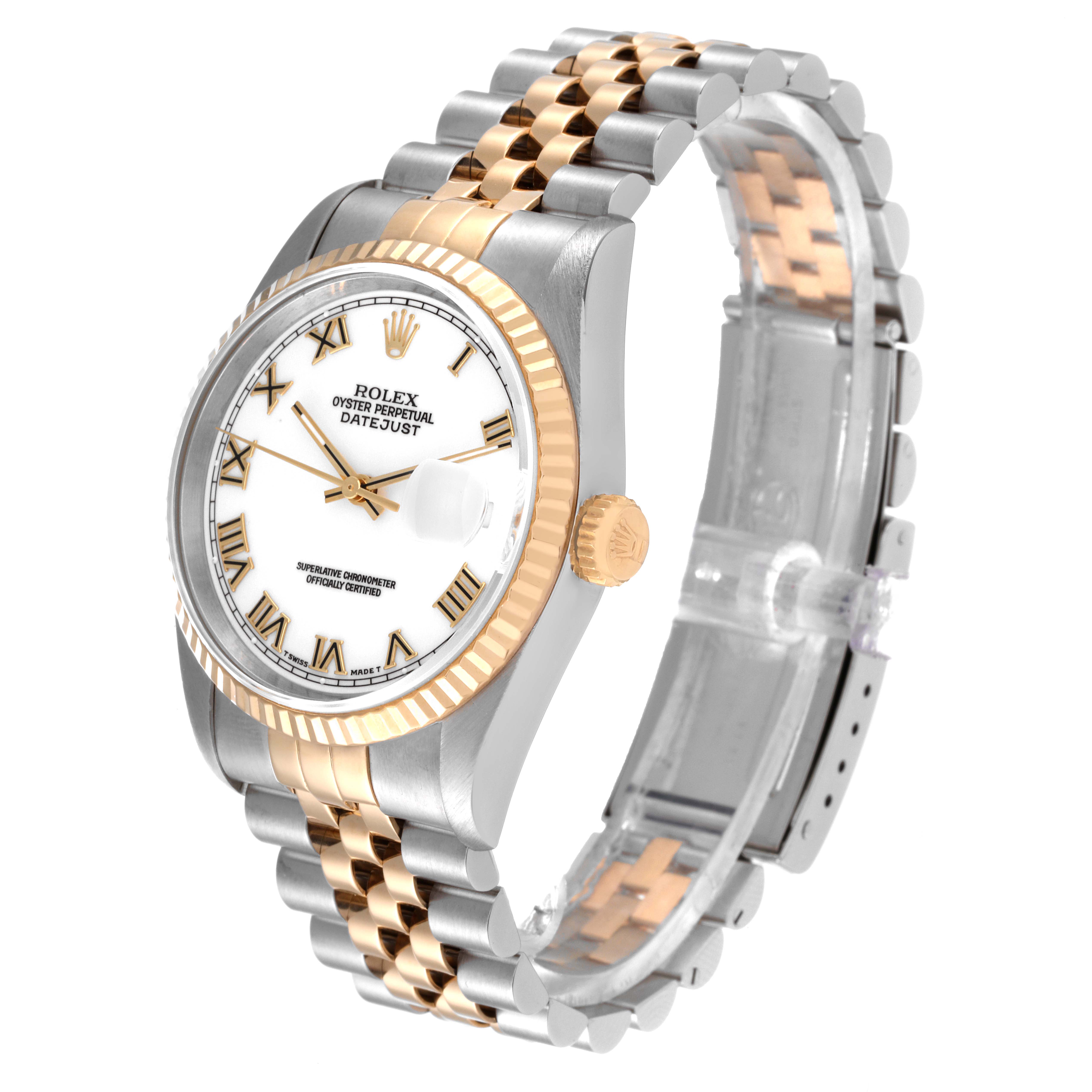The image shows a Rolex Datejust 16233 Men's Steel and Gold (two tone) White Dial 16233 Men's Steel and Gold (two tone) White Dial watch at a slight angle, displaying the dial, bezel, crown, and Jubilee bracelet.