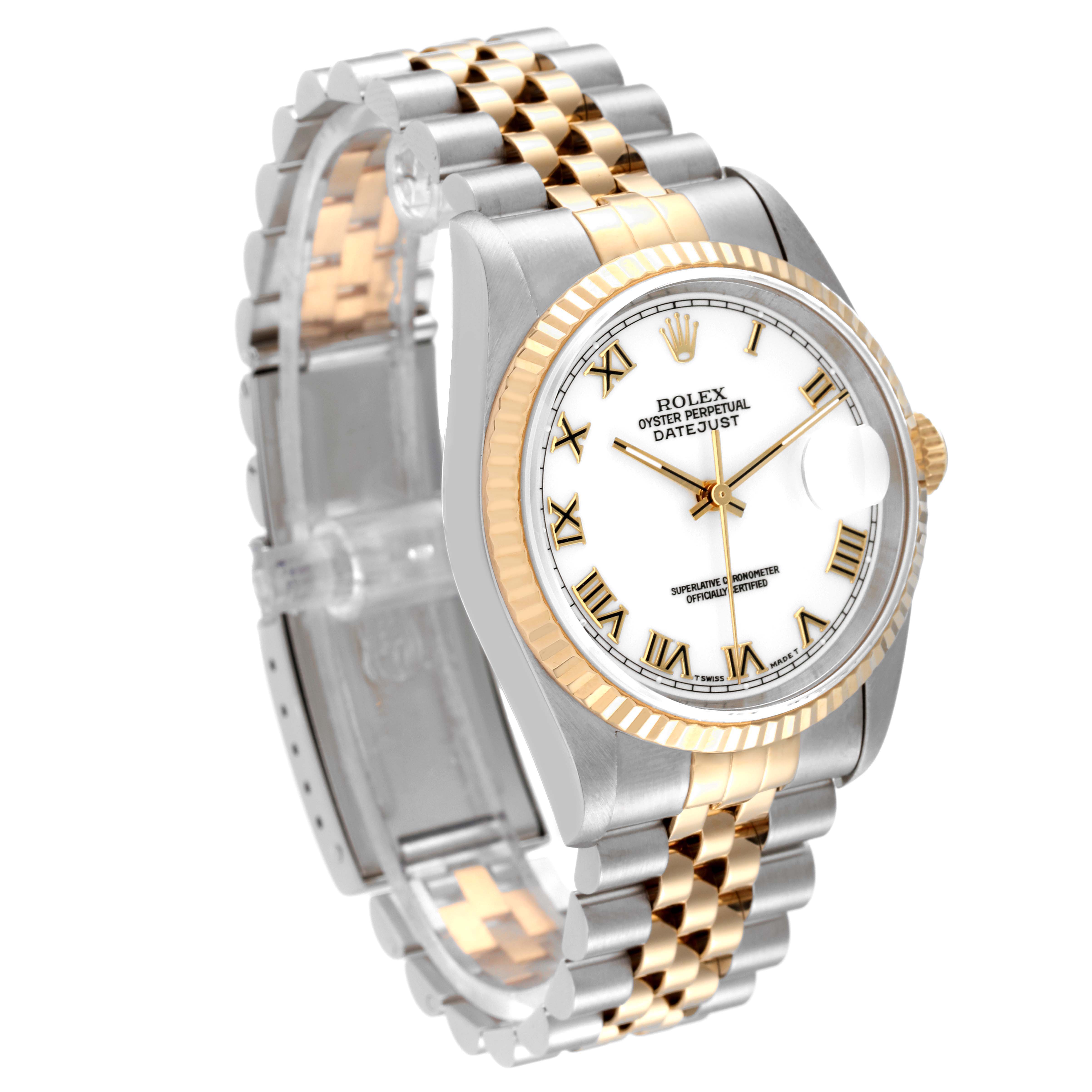 The Rolex Datejust 16233 Men's Steel and Gold (two tone) White Dial 16233 Men's Steel and Gold (two tone) White Dial model watch is shown at a slight angle, displaying the face, bracelet, and crown.