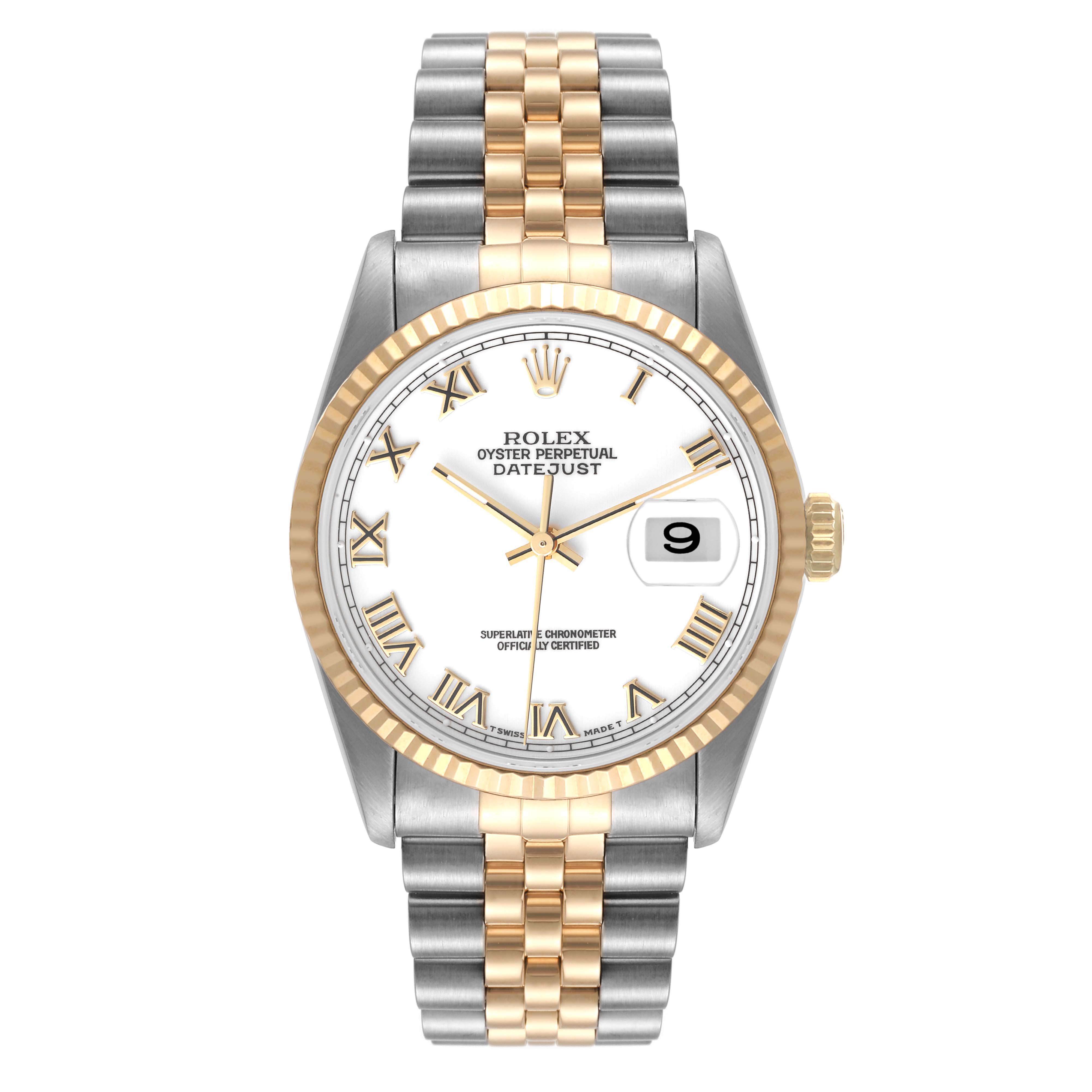 This Rolex Datejust 16233 Men's Steel and Gold (two tone) White Dial 16233 Men's Steel and Gold (two tone) White Dial watch is shown from the front, displaying its face, bezel, and bracelet in a two-tone gold and silver design.