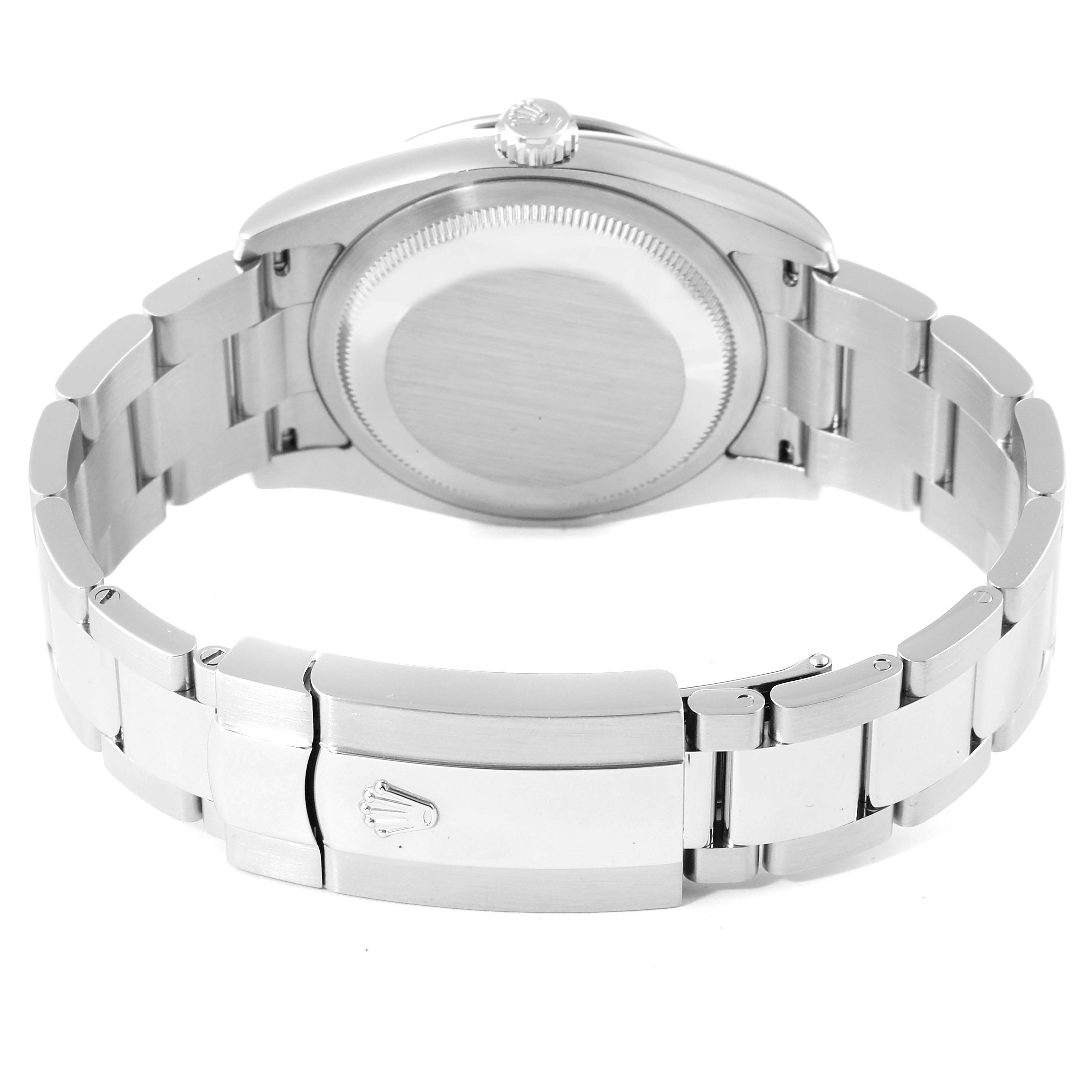 This image shows the back view of a Rolex Turn-o-Graph 116264 Men
s Stainless Steel Blue Dial 116264 Men
s Stainless Steel Blue Dial watch, highlighting the case back and bracelet with the clasp.