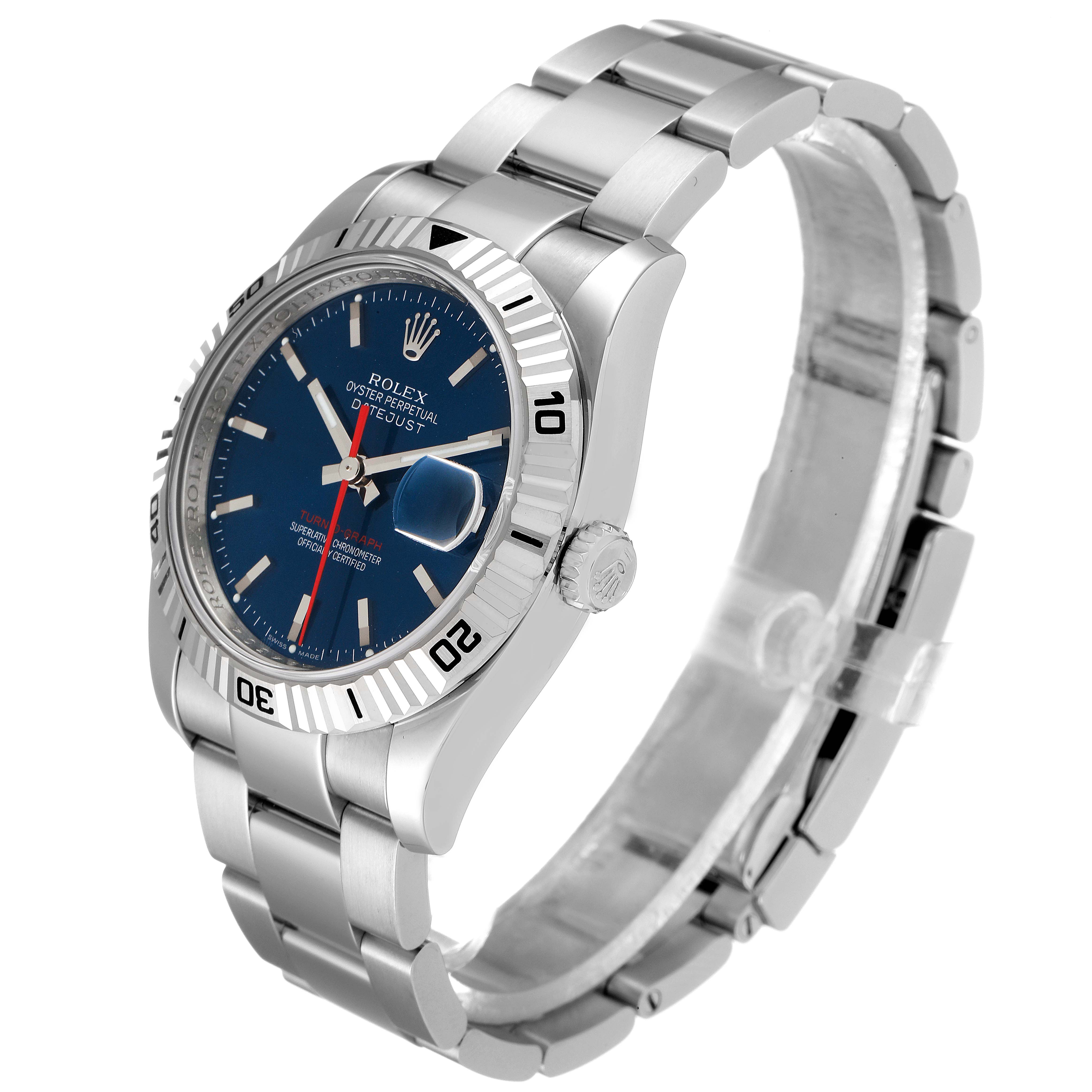 This image shows a side and front view of a Rolex Turn-o-Graph 116264 Men
s Stainless Steel Blue Dial 116264 Men
s Stainless Steel Blue Dial watch, highlighting its blue dial and stainless steel bracelet.