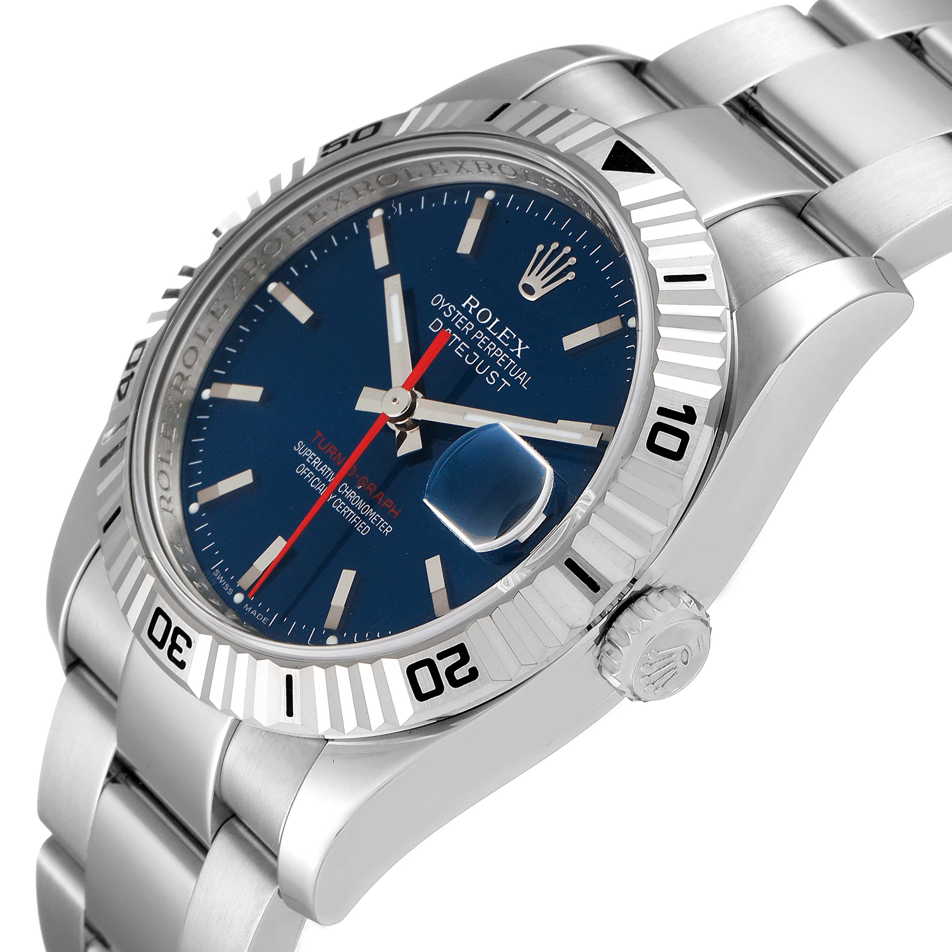 This image shows a Rolex Turn-o-Graph 116264 Men
s Stainless Steel Blue Dial 116264 Men
s Stainless Steel Blue Dial watch at a slight angle, highlighting its blue dial, bezel, crown, and stainless steel bracelet.