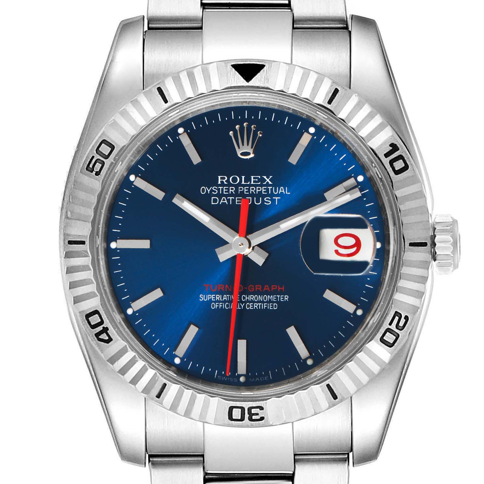 This image shows a front view of the Rolex Turn-o-Graph 116264 Men
s Stainless Steel Blue Dial 116264 Men
s Stainless Steel Blue Dial watch, highlighting its blue dial, date display, and stainless steel bezel.
