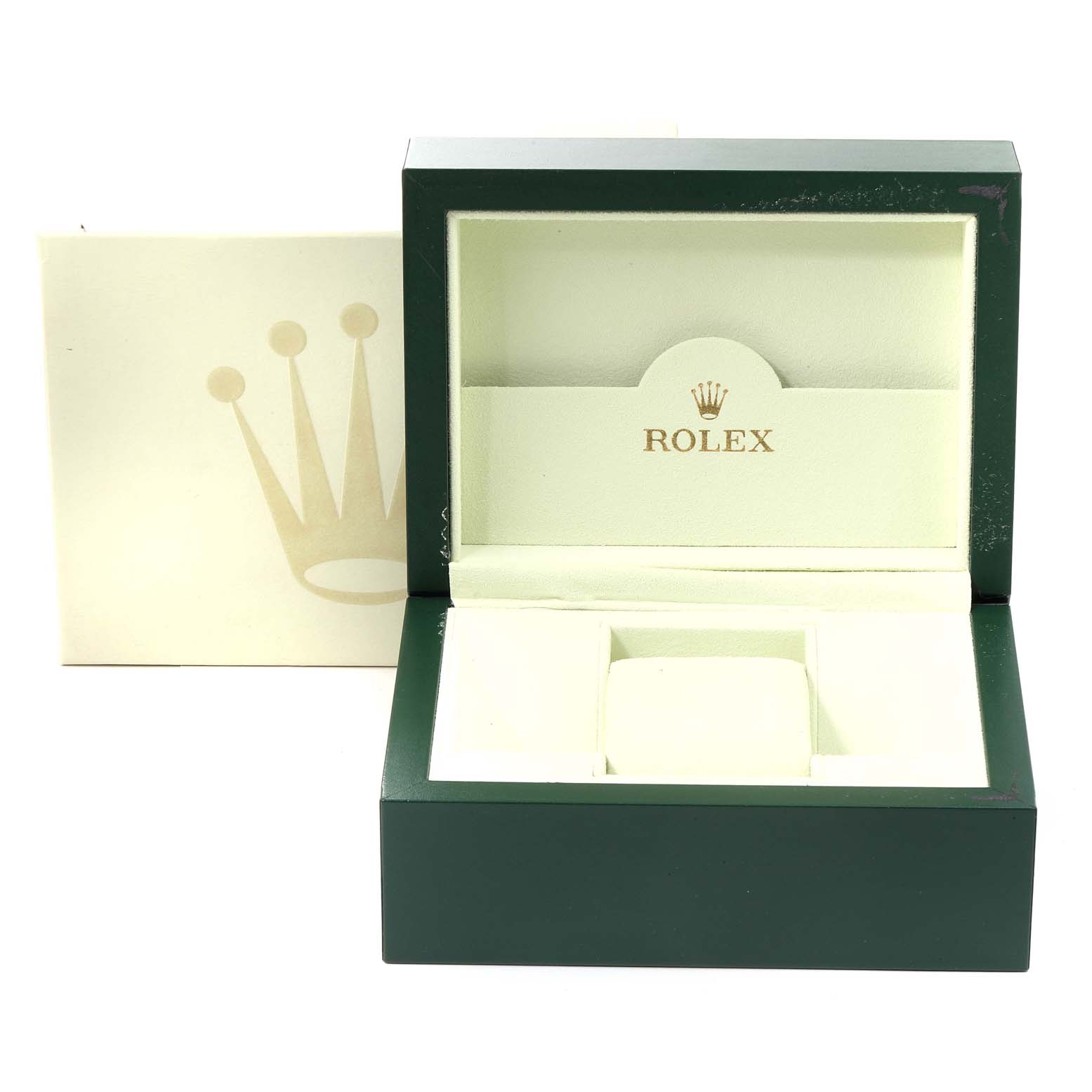 The image shows the open case of a Rolex Turn-o-Graph 116264 Men
s Stainless Steel Blue Dial 116264 Men
s Stainless Steel Blue Dial watch, highlighting its padded interior and classic design.