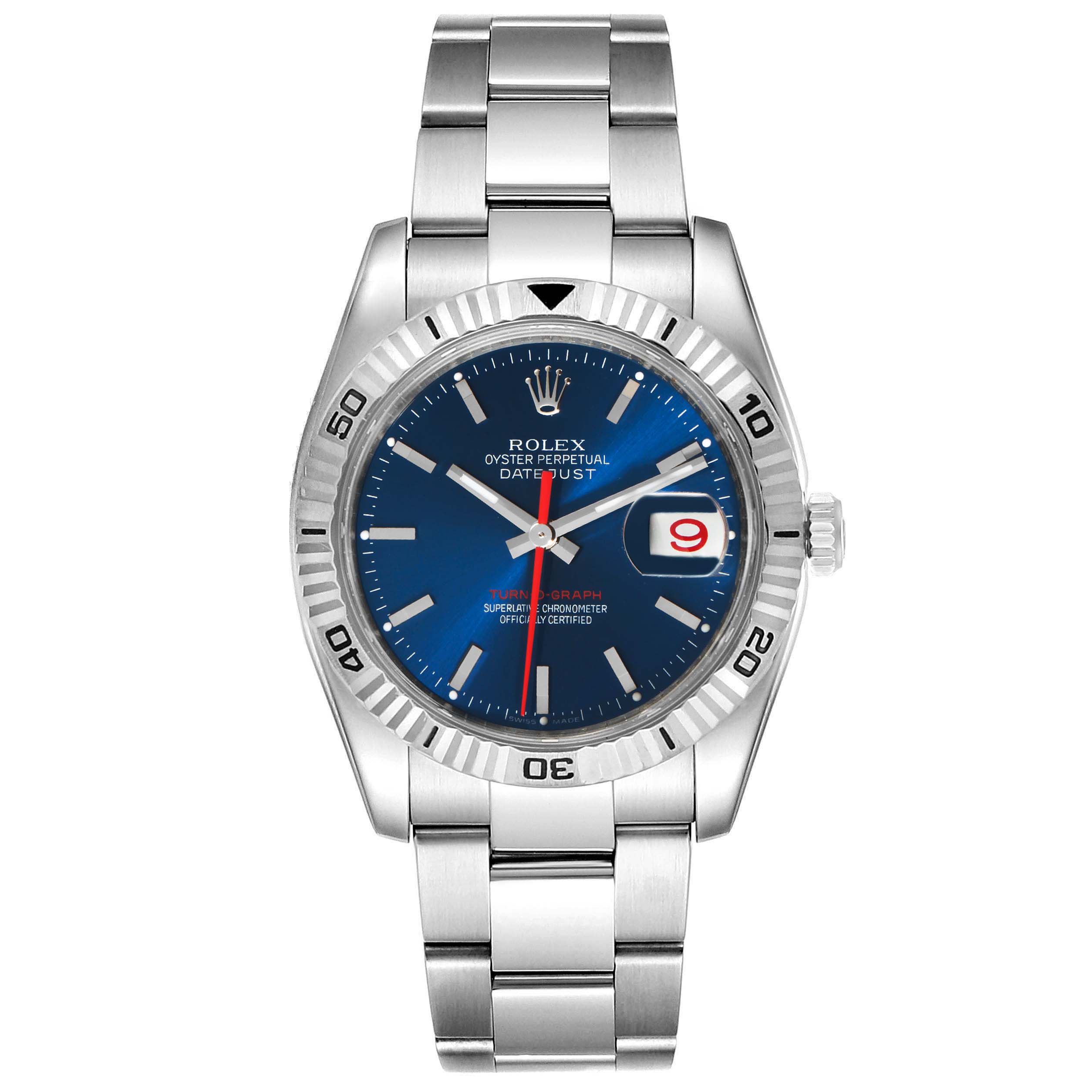 This image shows a front view of a Rolex Turn-o-Graph 116264 Men
s Stainless Steel Blue Dial 116264 Men
s Stainless Steel Blue Dial watch, highlighting its face, bezel, crown, and bracelet.