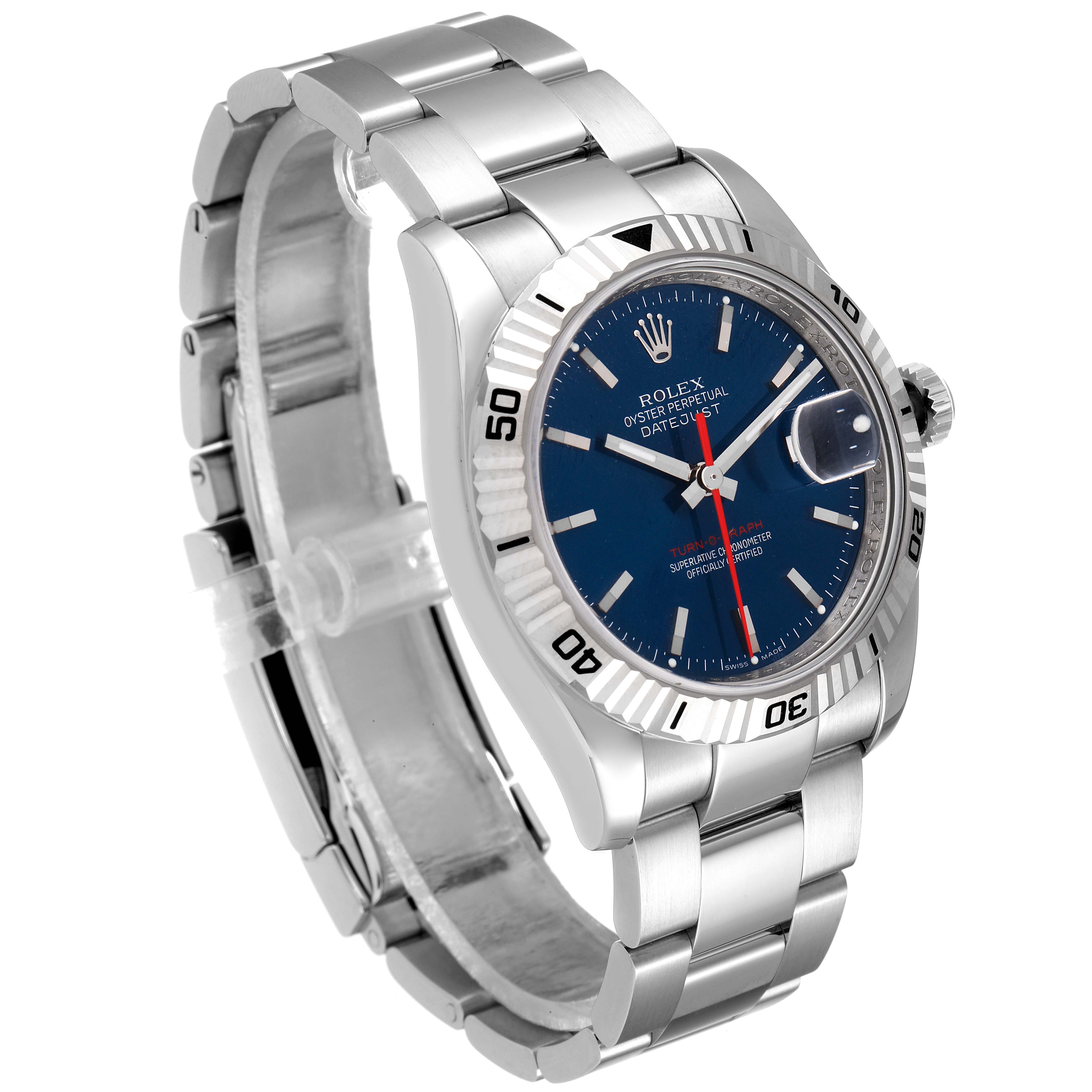 The image shows a Rolex Turn-o-Graph 116264 Men
s Stainless Steel Blue Dial 116264 Men
s Stainless Steel Blue Dial watch from a three-quarter angle, highlighting the dial, bezel, and bracelet.