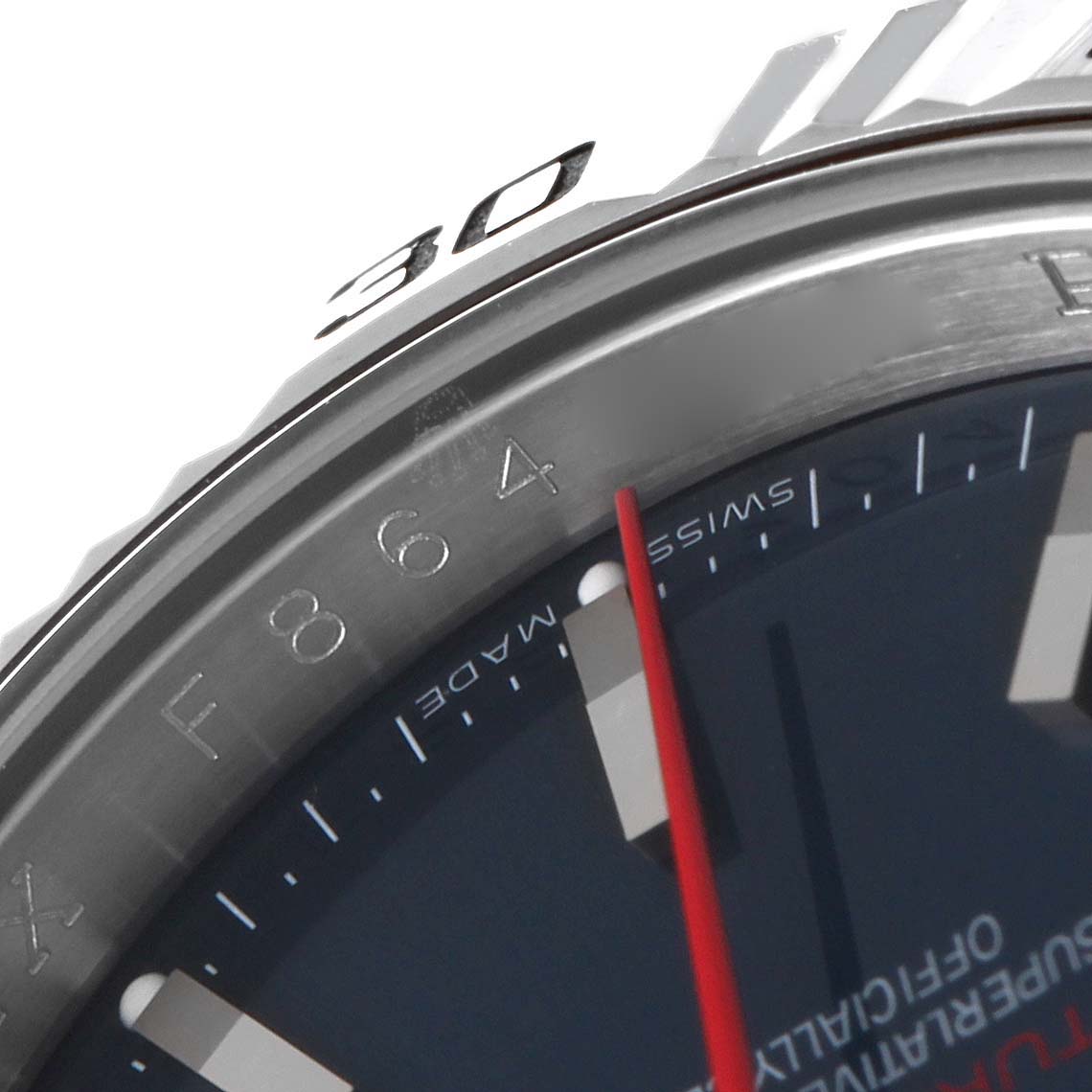 The image shows a close-up of the bezel and partial dial of the Rolex Turn-o-Graph 116264 Men
s Stainless Steel Blue Dial 116264 Men
s Stainless Steel Blue Dial watch, focusing on the numerals and the red second hand.