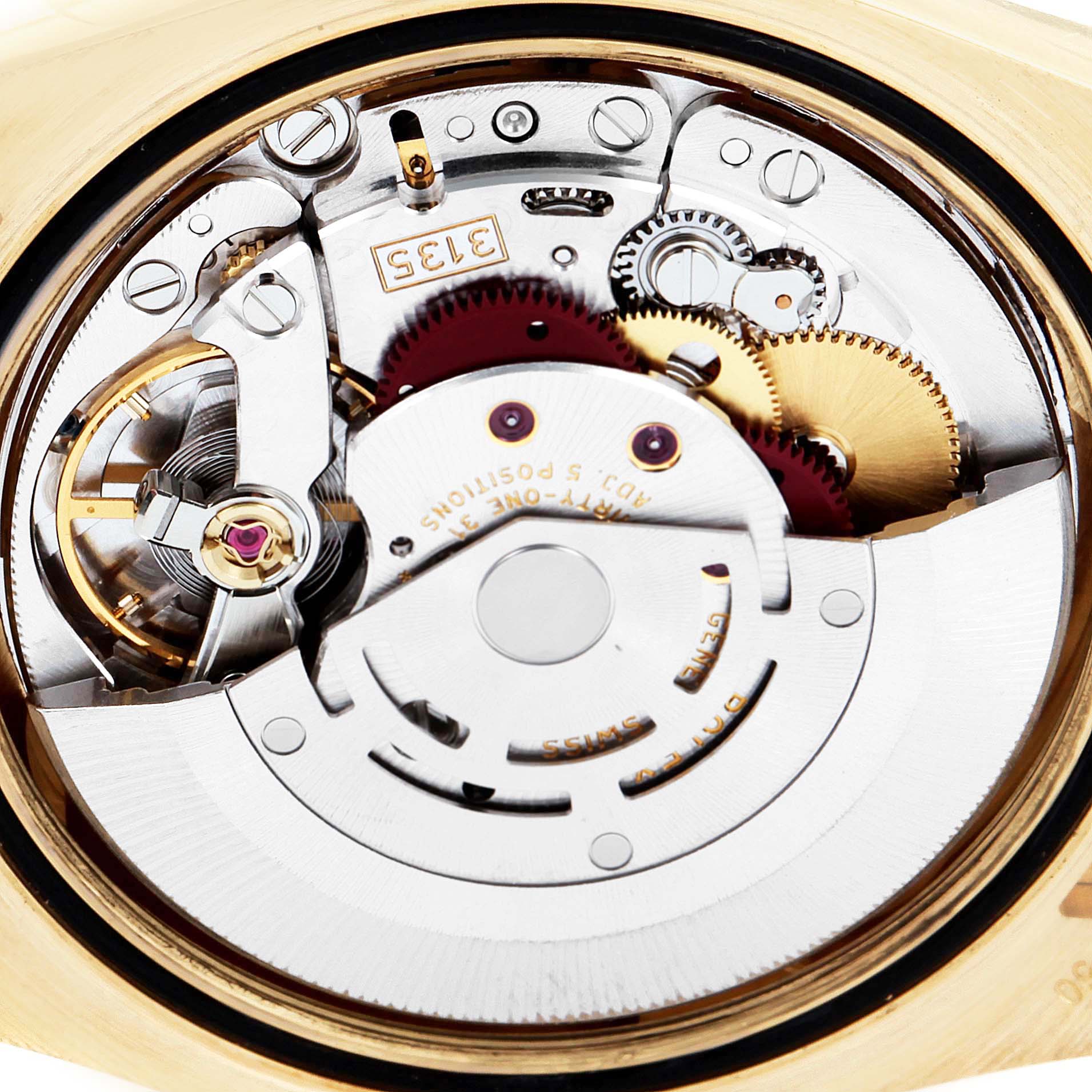 This close-up image shows the movement mechanism of a Rolex Datejust 116188 Men's Yellow Gold Mother of Pearl Dial 116188 Men's Yellow Gold Mother of Pearl Dial watch.