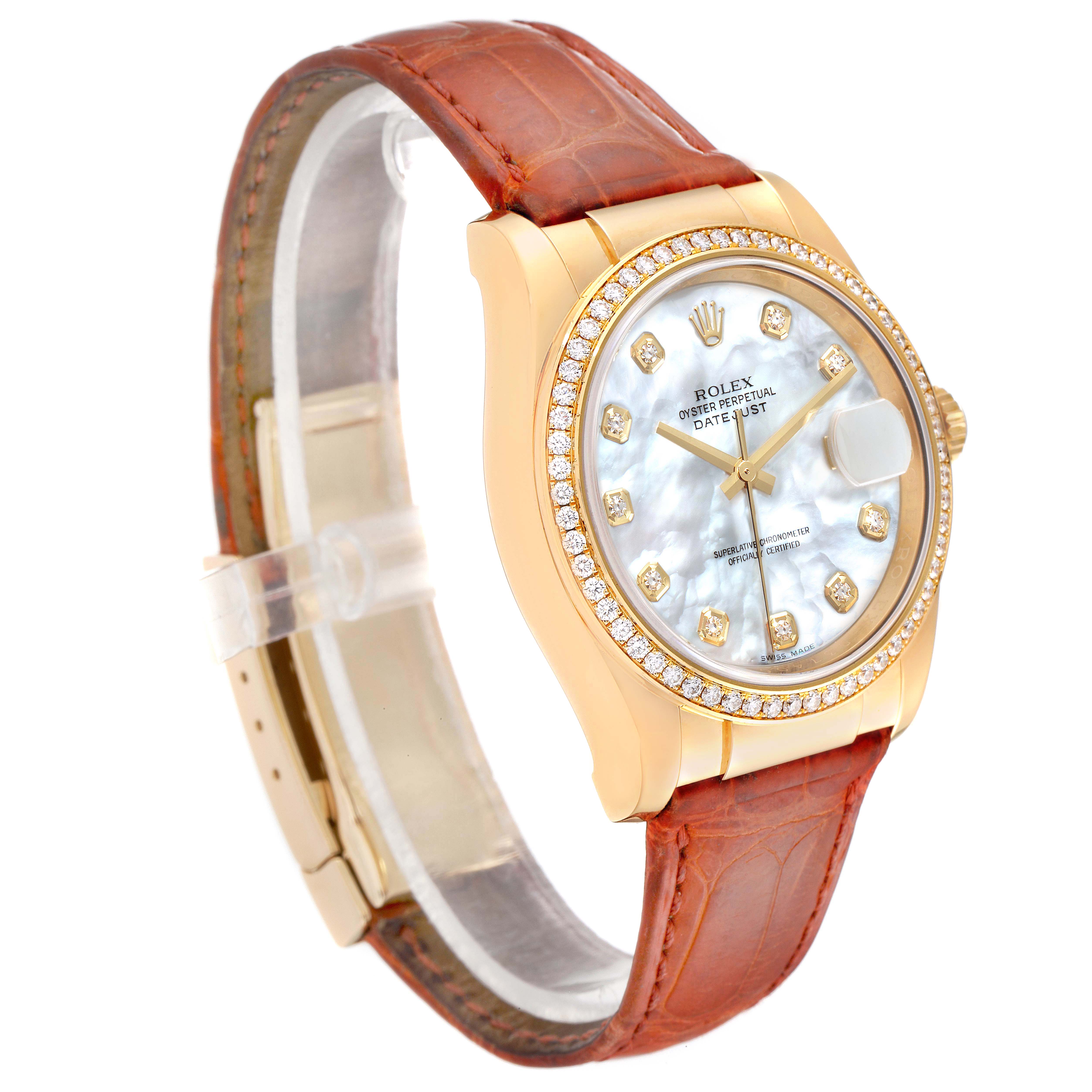 The Rolex Datejust 116188 Men's Yellow Gold Mother of Pearl Dial 116188 Men's Yellow Gold Mother of Pearl Dial watch is shown at a slight angle displaying the face, bezel, crown, and leather strap.