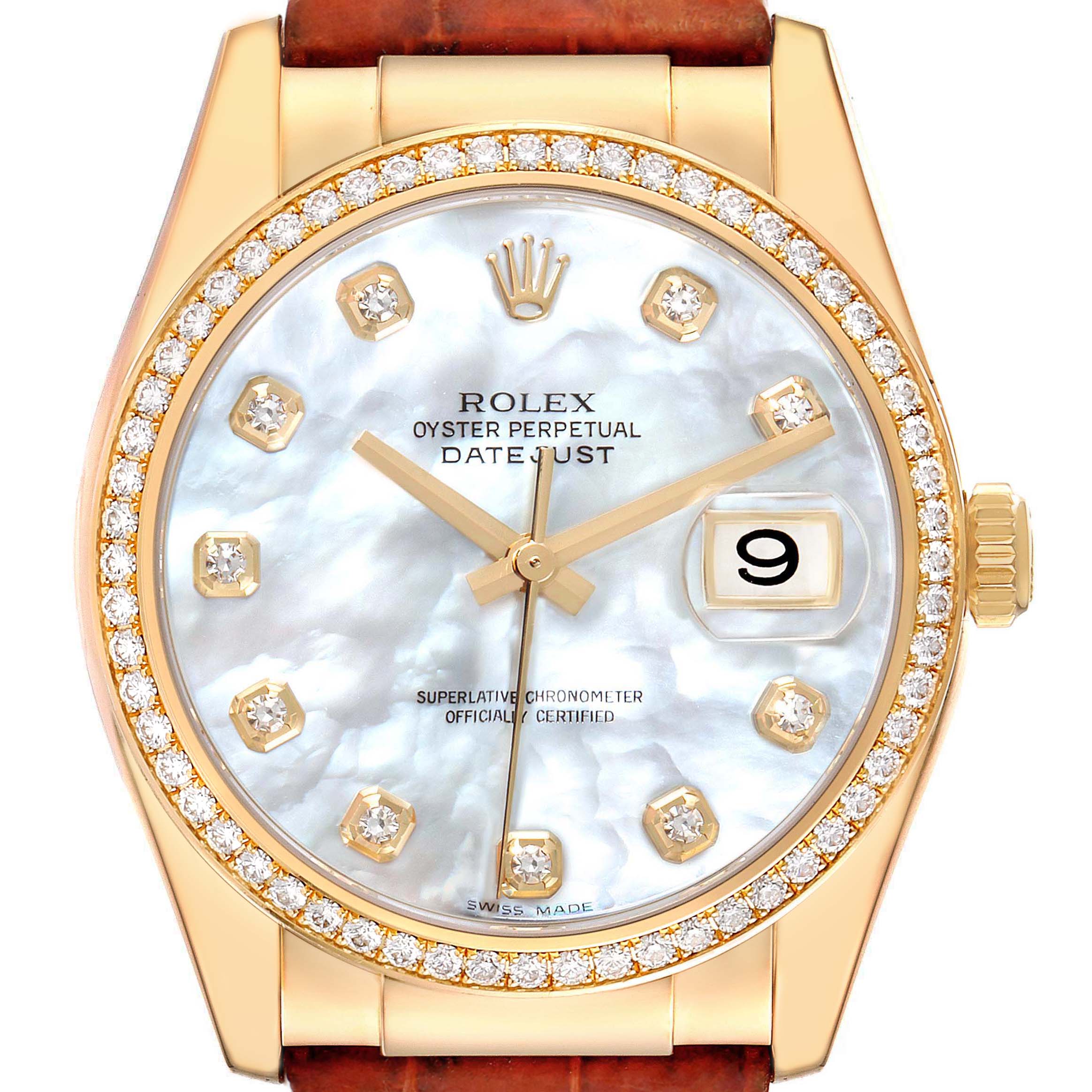 This image shows a frontal view of a Rolex Datejust 116188 Men's Yellow Gold Mother of Pearl Dial 116188 Men's Yellow Gold Mother of Pearl Dial watch, highlighting its diamond bezel, mother-of-pearl dial, and gold casing.