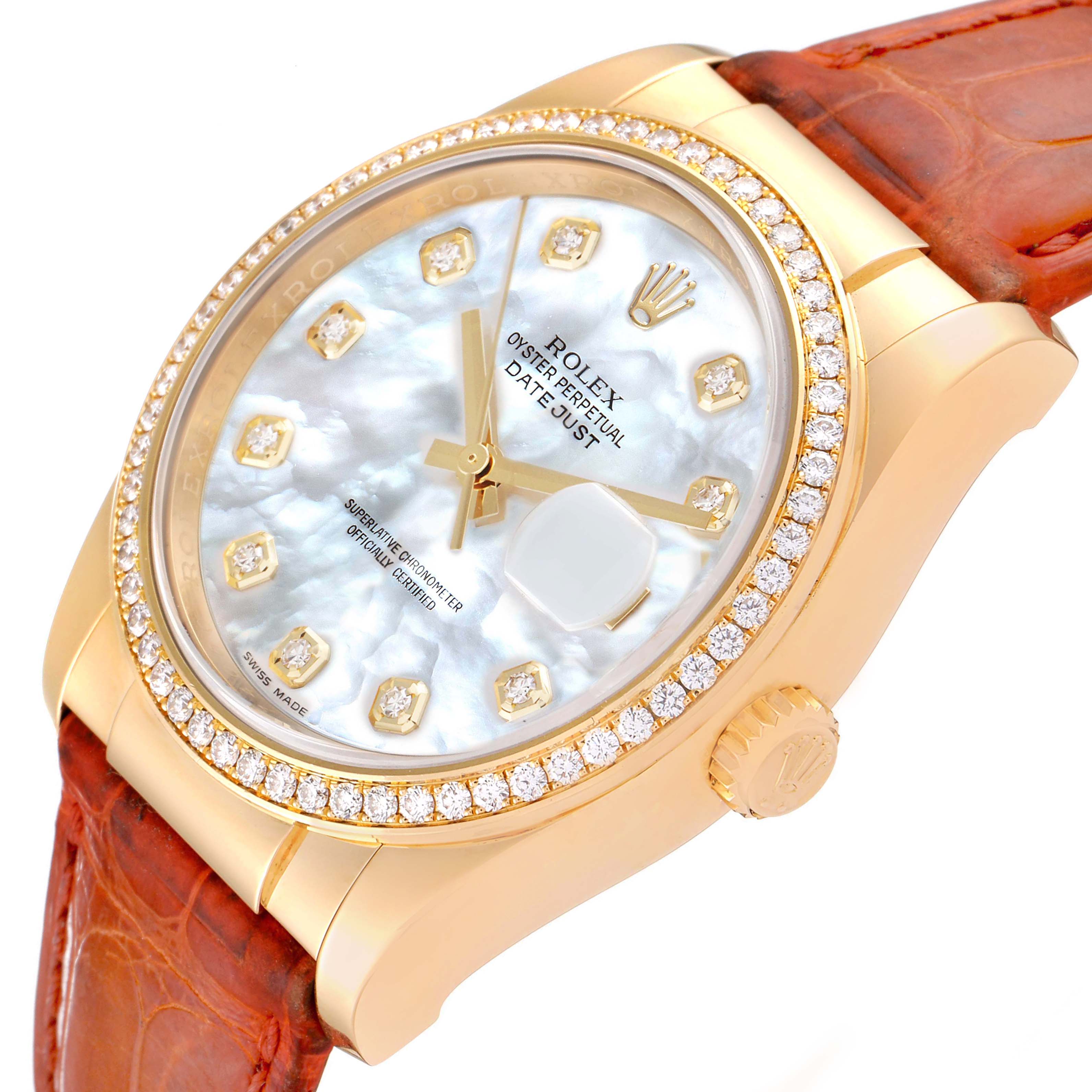 The image shows a Rolex Datejust 116188 Men's Yellow Gold Mother of Pearl Dial 116188 Men's Yellow Gold Mother of Pearl Dial watch at an oblique angle, highlighting the dial, bezel, and part of the strap.
