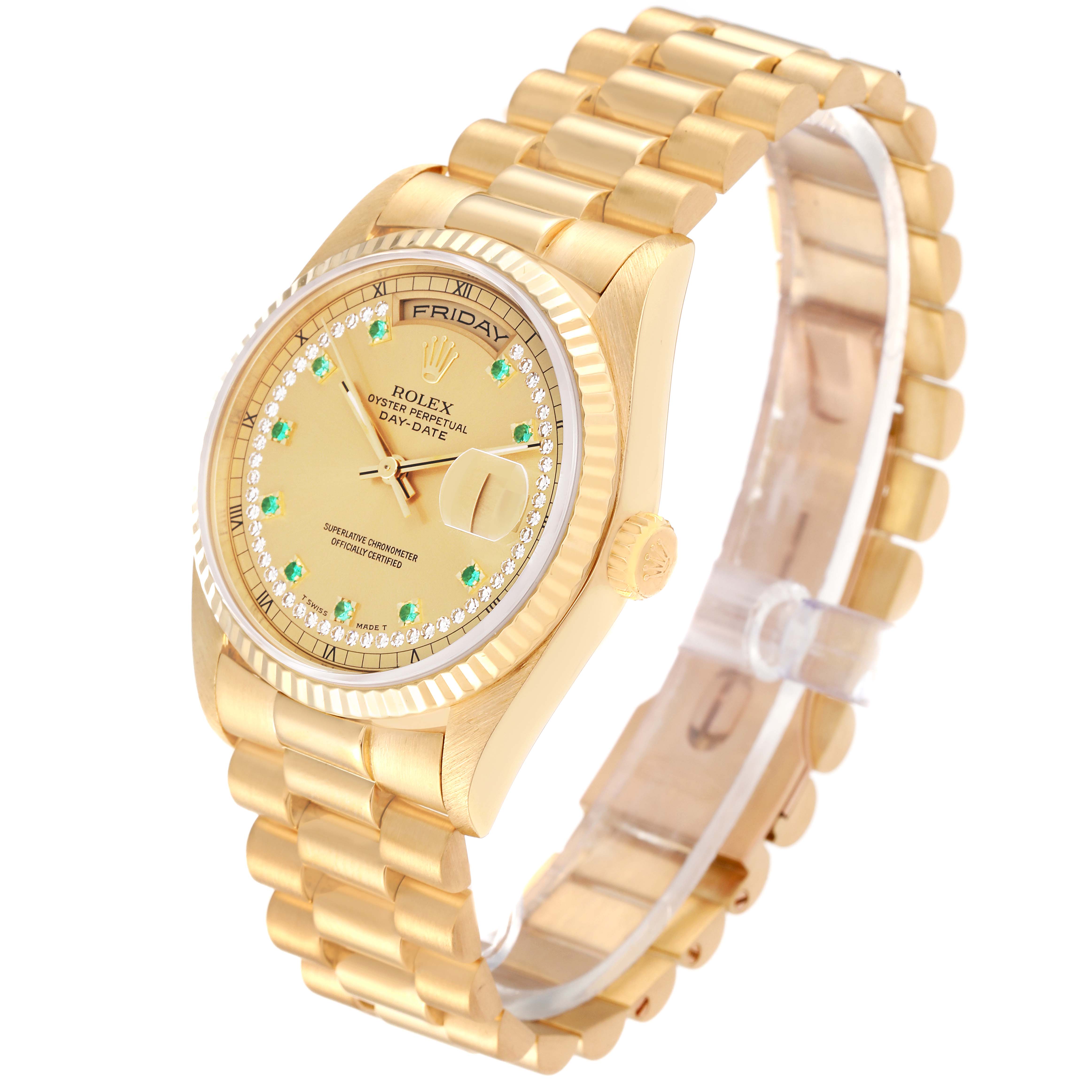 The image shows a gold Rolex President 18238 Men
s Yellow Gold Champagne Dial 18238 Men
s Yellow Gold Champagne Dial model watch, angled to display its dial, bracelet, and side with the crown.