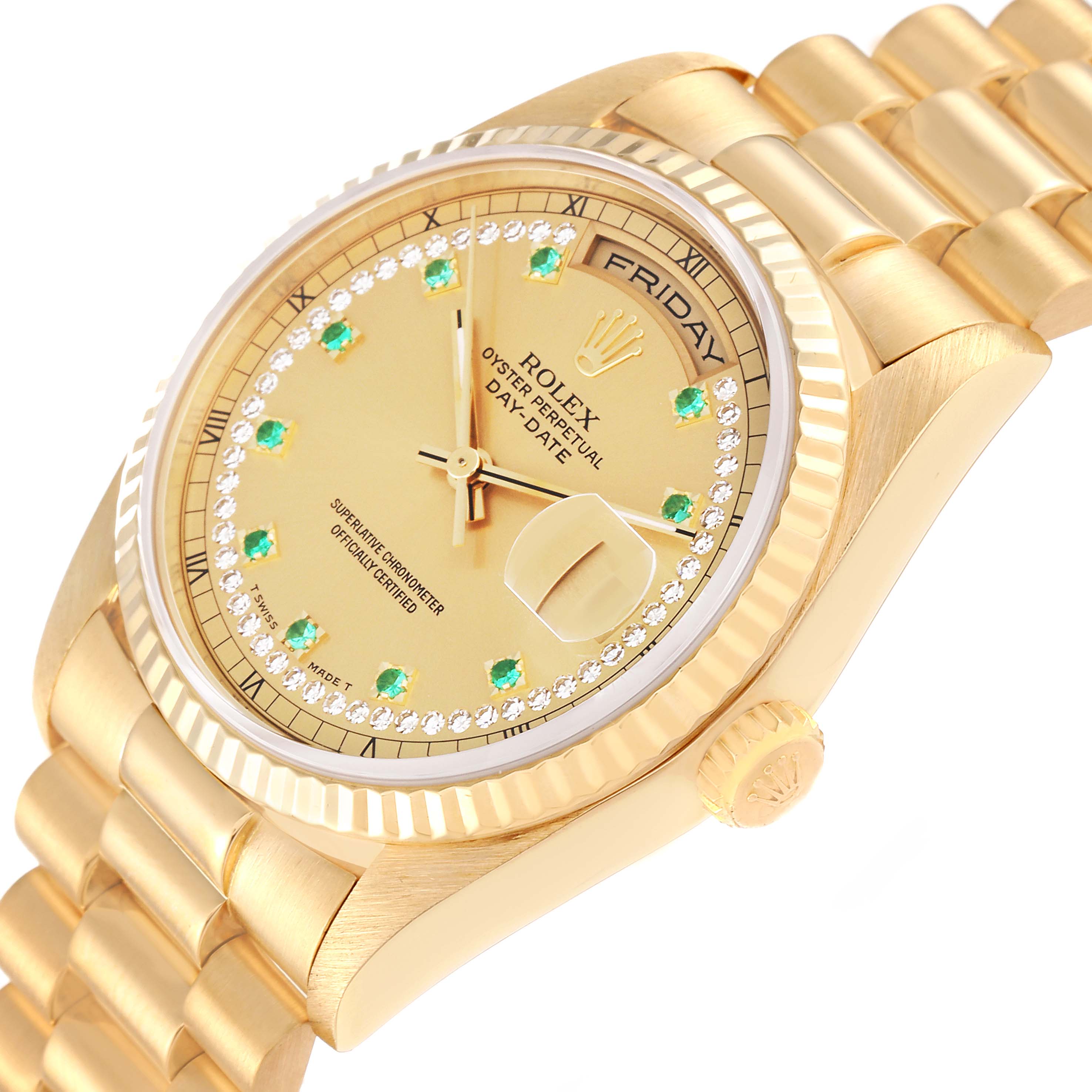 The image shows a close-up angled view of the dial, bezel, crown, and part of the bracelet of a Rolex President 18238 Men
s Yellow Gold Champagne Dial 18238 Men
s Yellow Gold Champagne Dial watch.