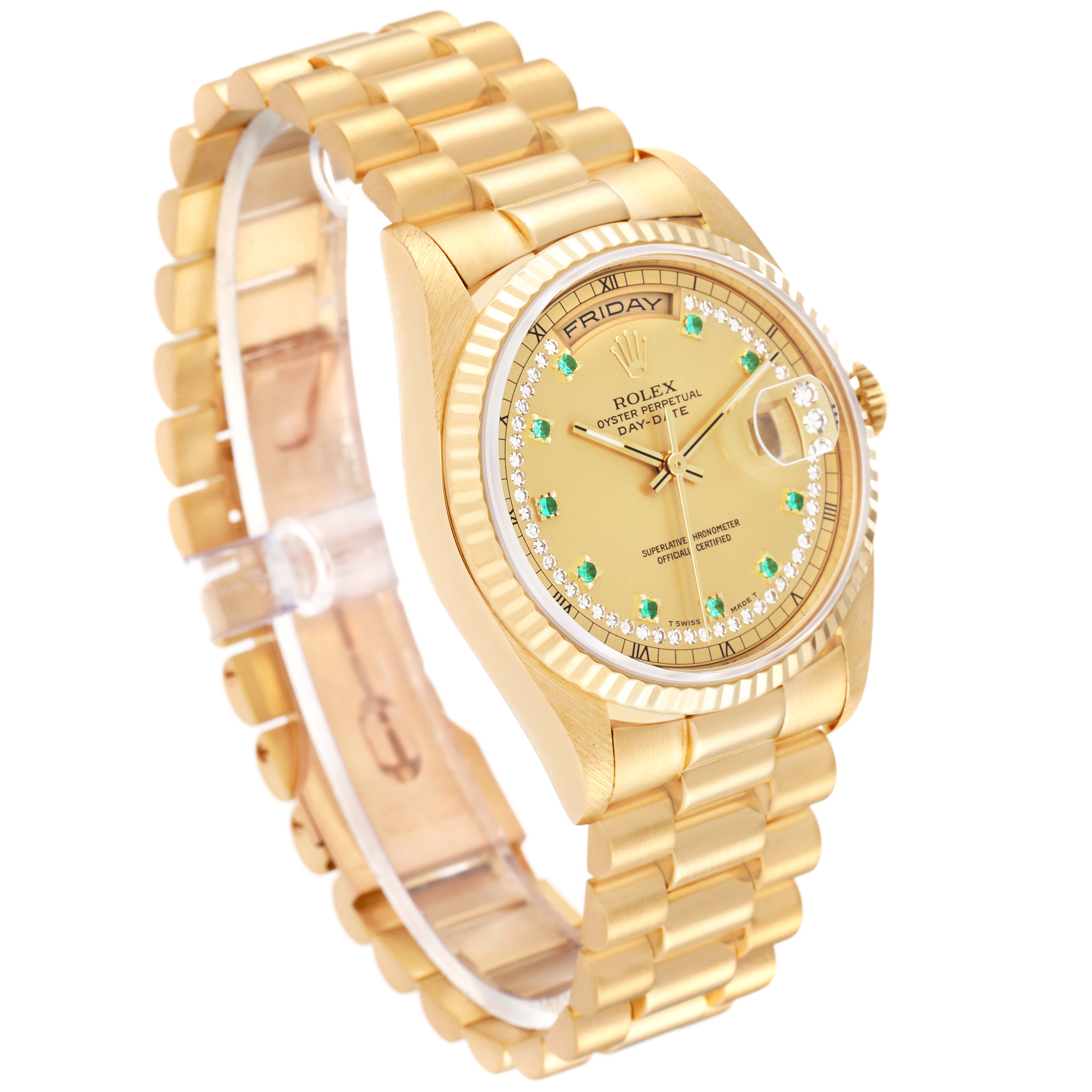 The image shows a Rolex President 18238 Men
s Yellow Gold Champagne Dial 18238 Men
s Yellow Gold Champagne Dial model watch at an angled side view, highlighting the bracelet, face, and crown.
