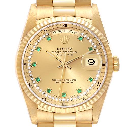 Photo of Rolex Day-Date President Yellow Gold String Diamond Emerald Mens Watch 18238