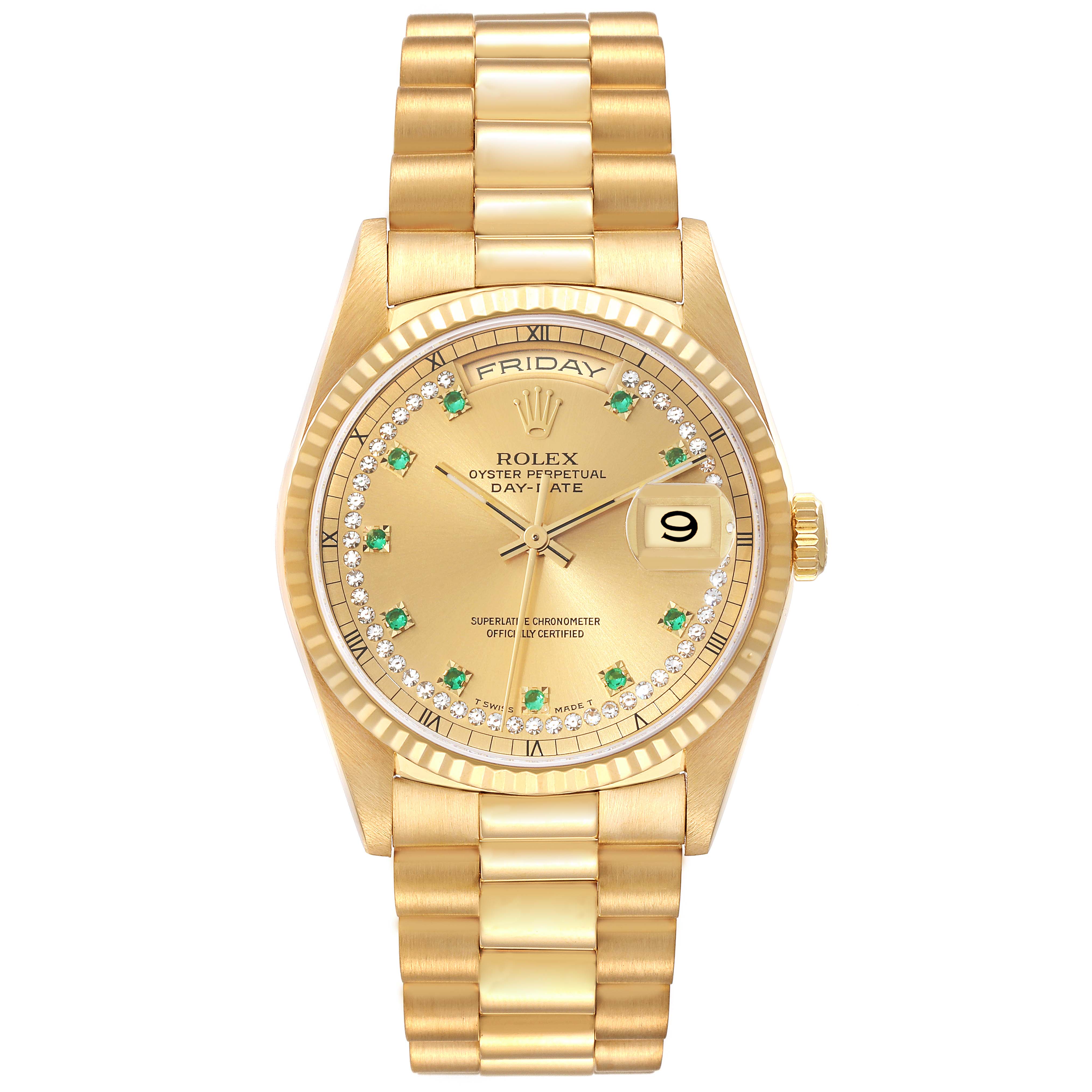 The image shows a Rolex President 18238 Men
s Yellow Gold Champagne Dial 18238 Men
s Yellow Gold Champagne Dial model watch from a front view, featuring a gold bracelet, fluted bezel, and a gold dial with day/date windows.