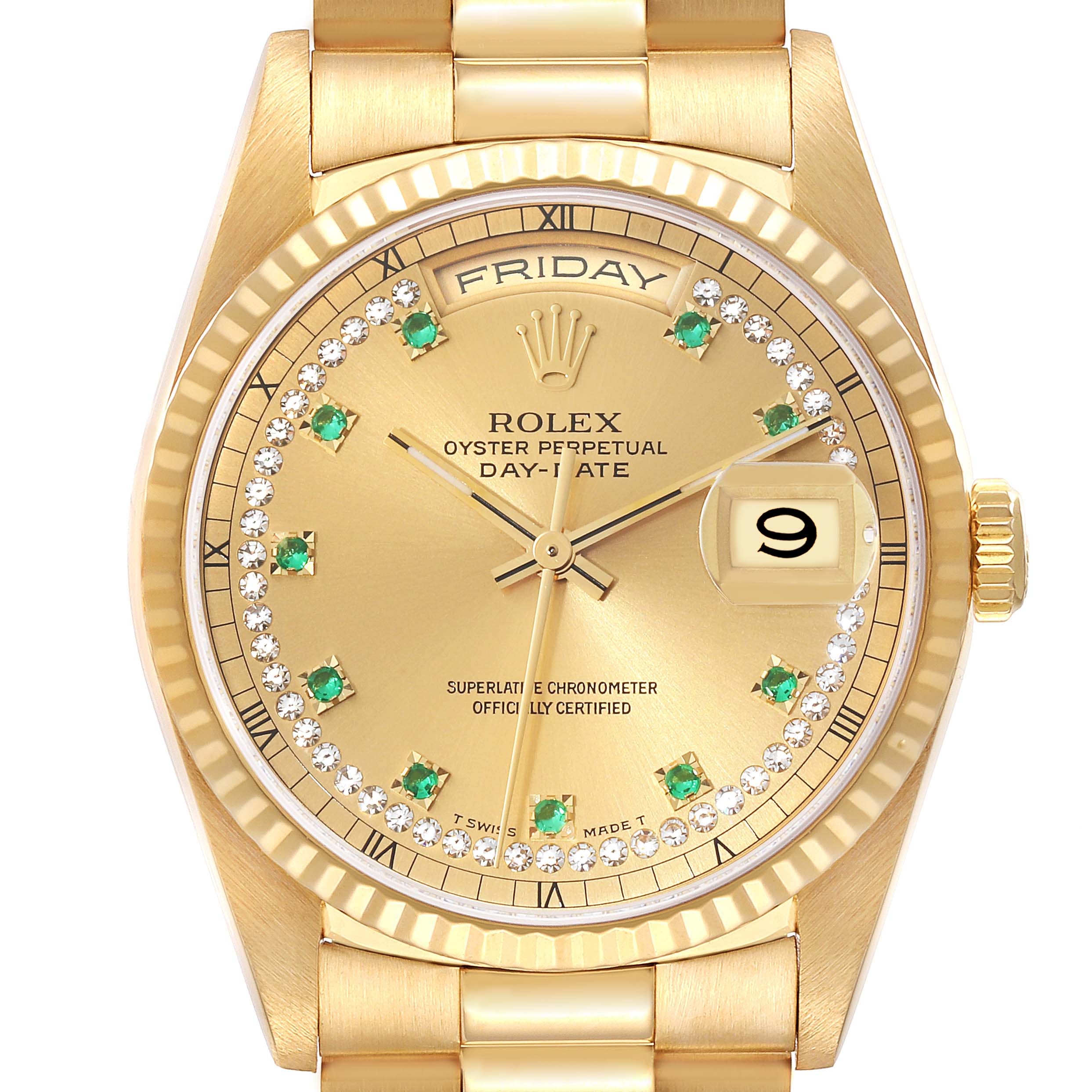 This image shows a close-up of the face and part of the band of a Rolex President 18238 Men
s Yellow Gold Champagne Dial 18238 Men
s Yellow Gold Champagne Dial model watch.