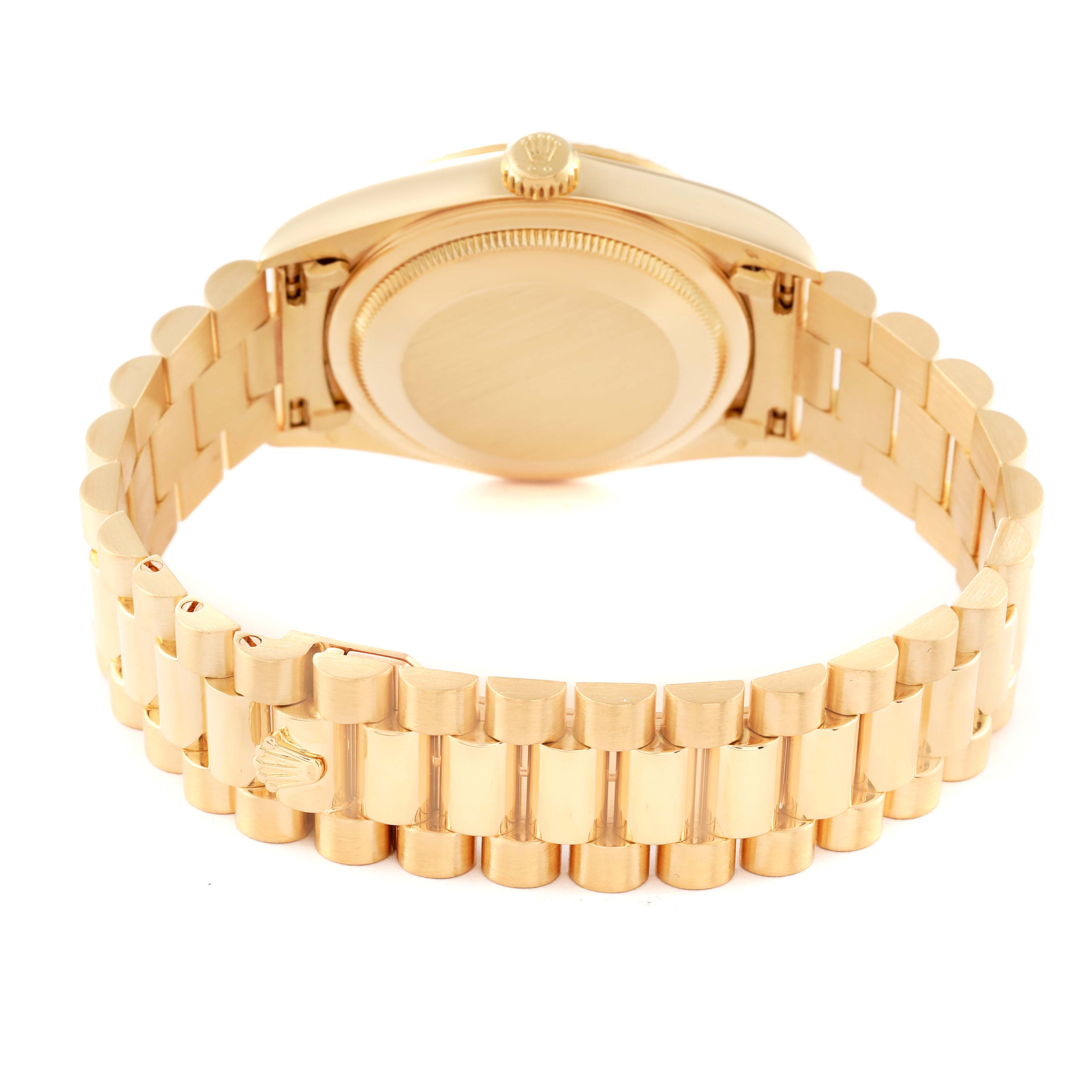 This image shows the back view of the Rolex President 18238 Men
s Yellow Gold Champagne Dial 18238 Men
s Yellow Gold Champagne Dial model, highlighting the bracelet and case back.