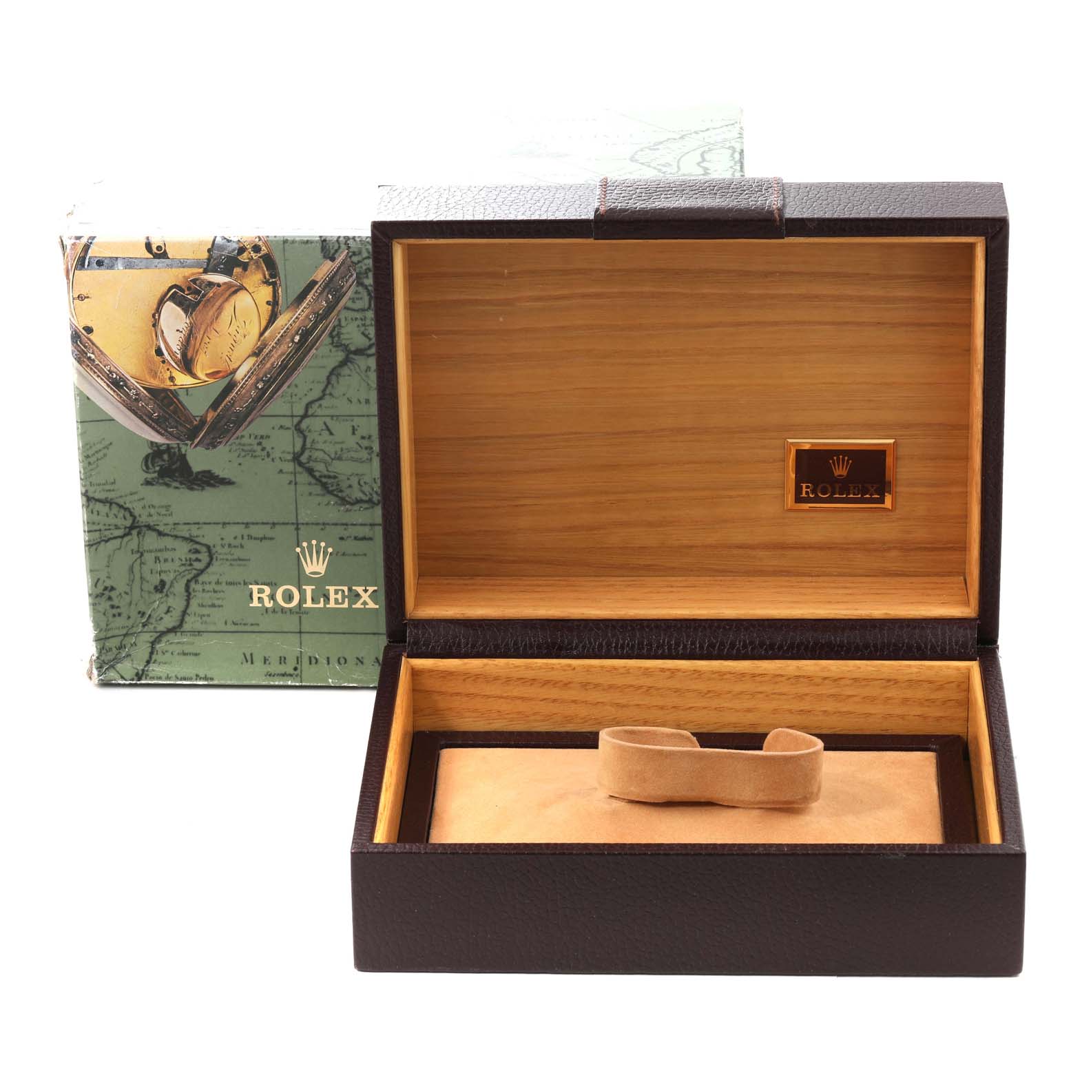 This image shows an empty Rolex President 18238 Men
s Yellow Gold Champagne Dial 18238 Men
s Yellow Gold Champagne Dial watch box with its cover and internal compartments visible.