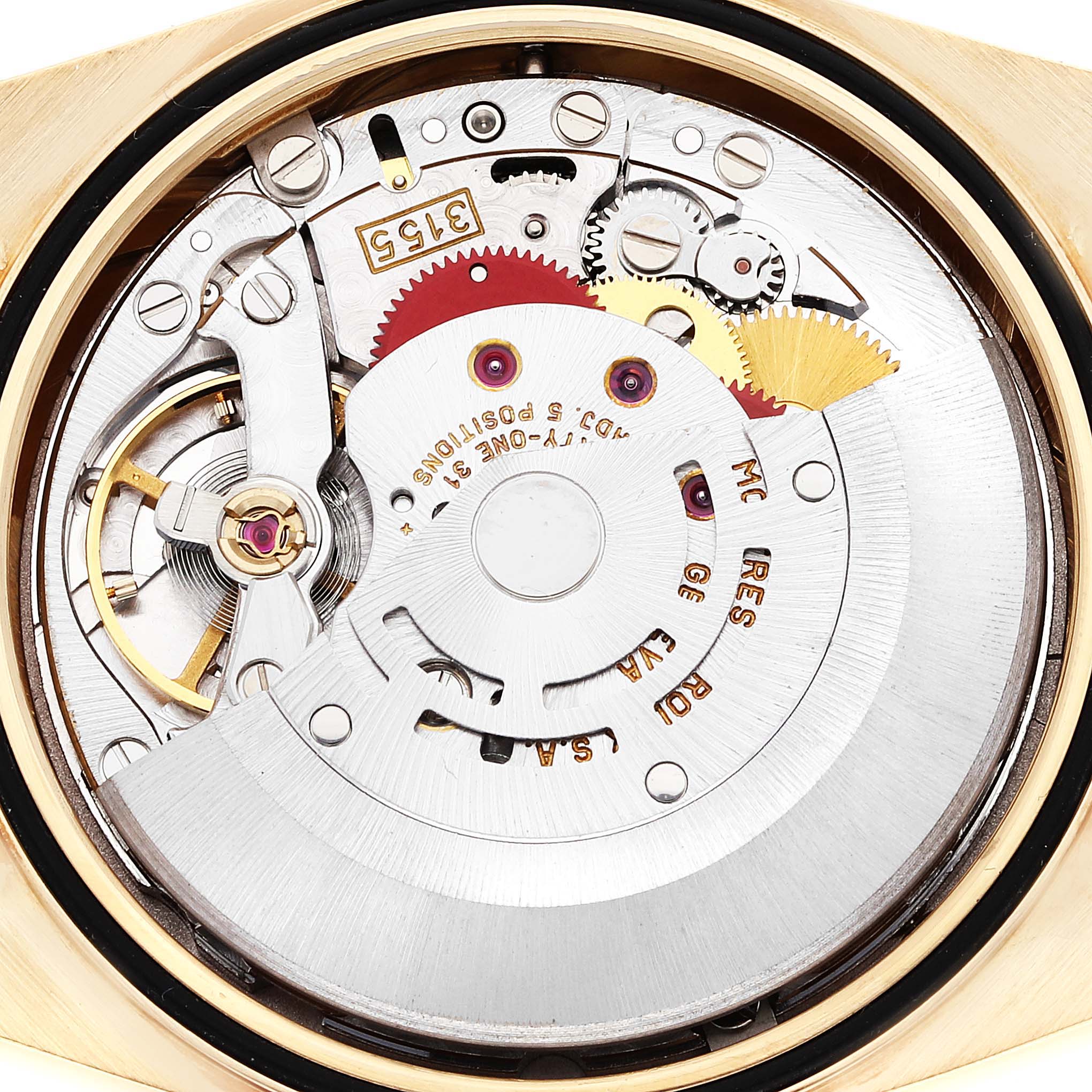 The image shows the internal mechanism and movement of a Rolex President 18238 Men
s Yellow Gold Champagne Dial 18238 Men
s Yellow Gold Champagne Dial model watch viewed from the back.