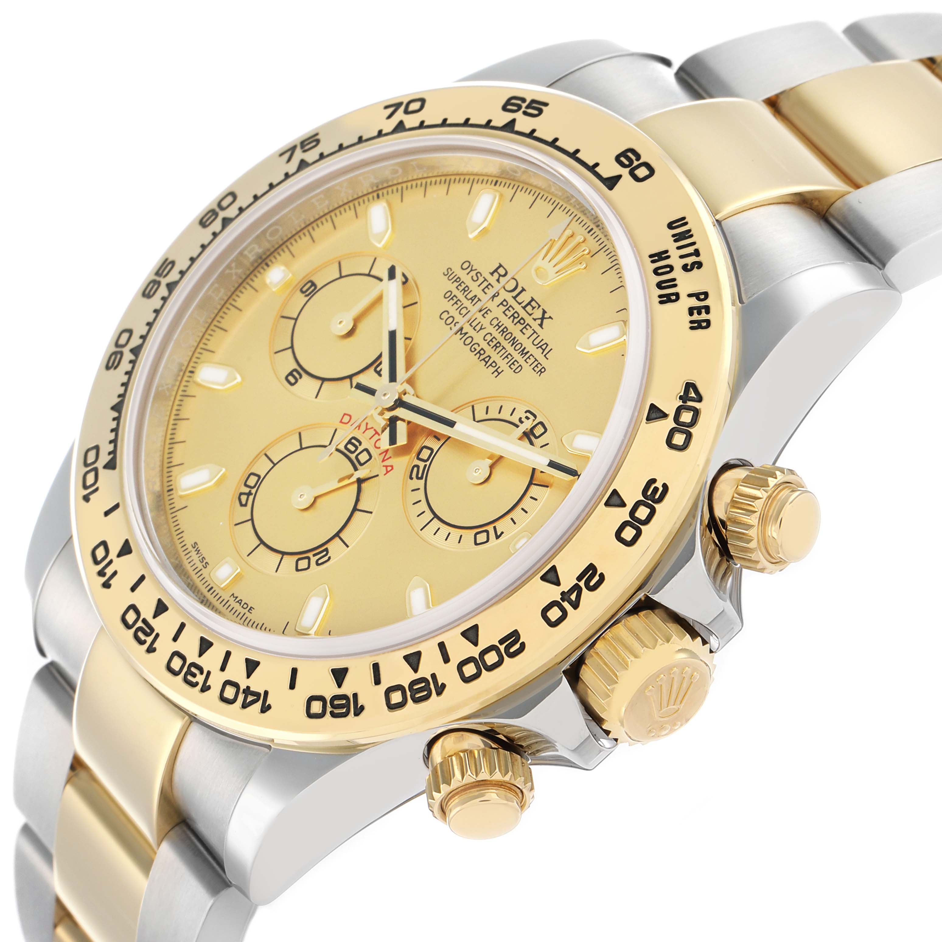 The Rolex Daytona 116503 Men
s Steel and Gold (two tone) Champagne Dial watch is shown at a side angle highlighting the gold bezel, dial, push buttons, and part of the bracelet.