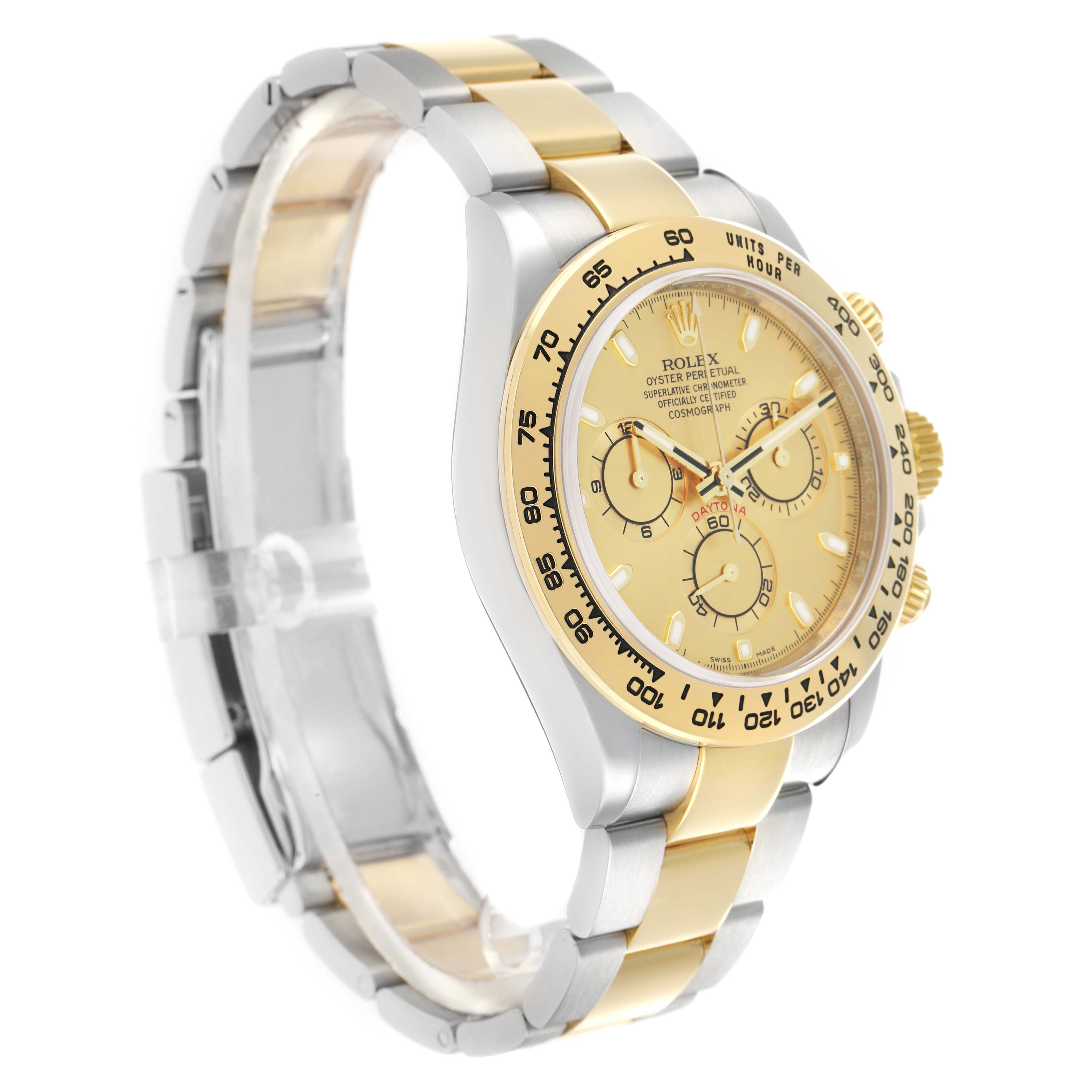 The Rolex Daytona 116503 Men
s Steel and Gold (two tone) Champagne Dial watch is shown at a three-quarter angle, highlighting the bezel, face, and two-tone bracelet.