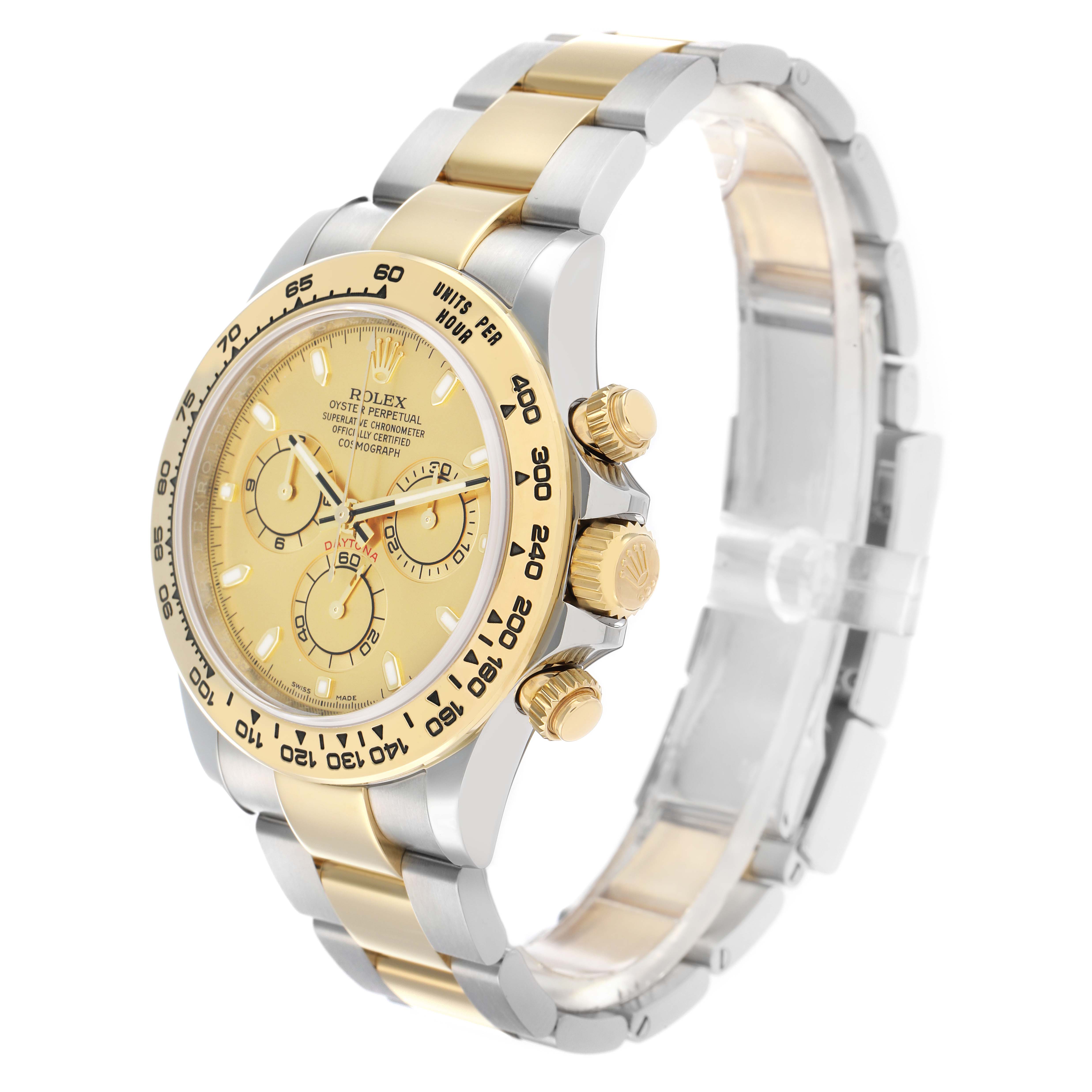The Rolex Daytona 116503 Men
s Steel and Gold (two tone) Champagne Dial watch is shown at an angled side view, highlighting the bezel, dial, pushers, and bracelet.