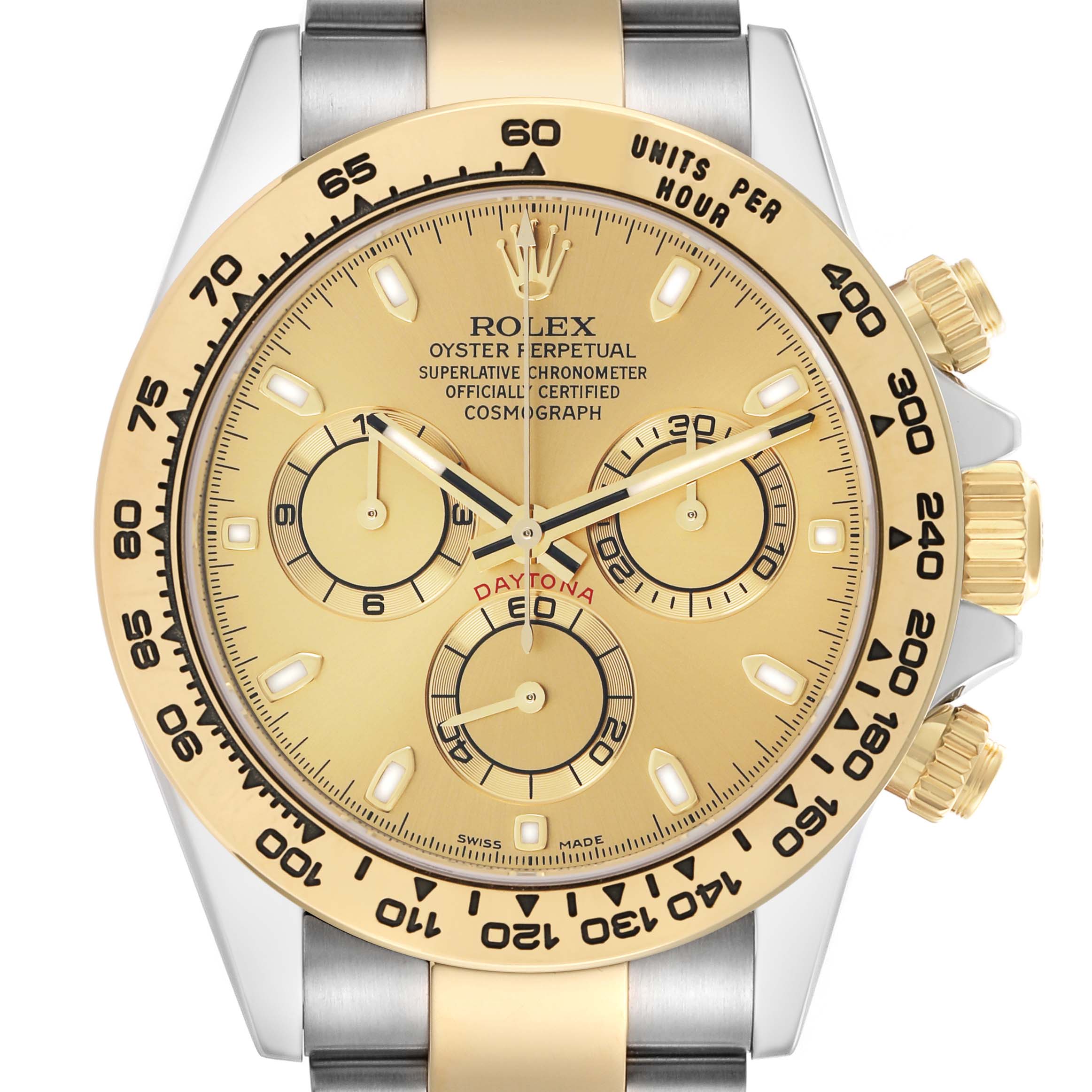 The image shows a front view of a Rolex Daytona 116503 Men
s Steel and Gold (two tone) Champagne Dial watch, highlighting the dial, bezel, and sub-dials.