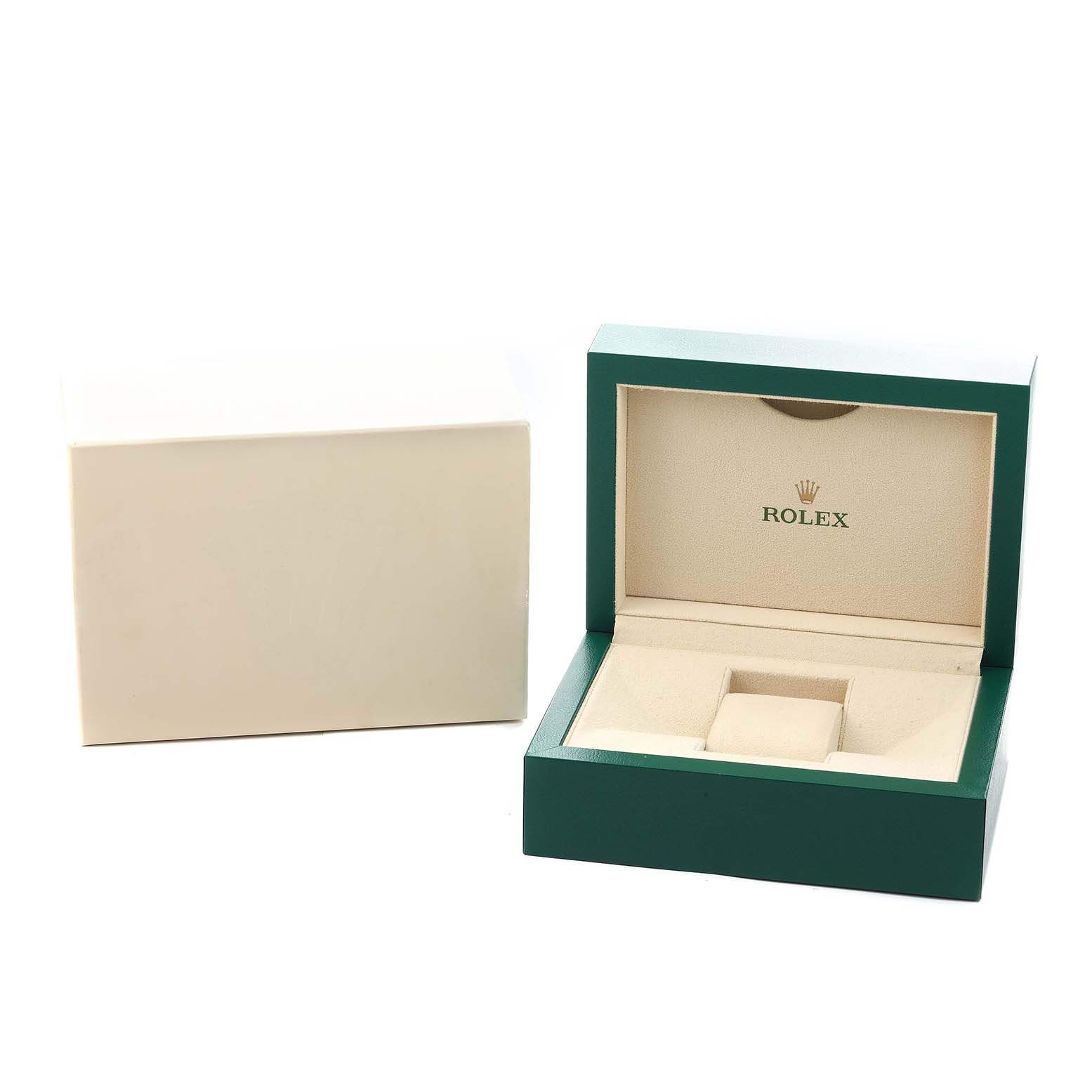 The image shows a Rolex Daytona 116503 Men
s Steel and Gold (two tone) Champagne Dial watch box with an open lid and a white outer box beside it.