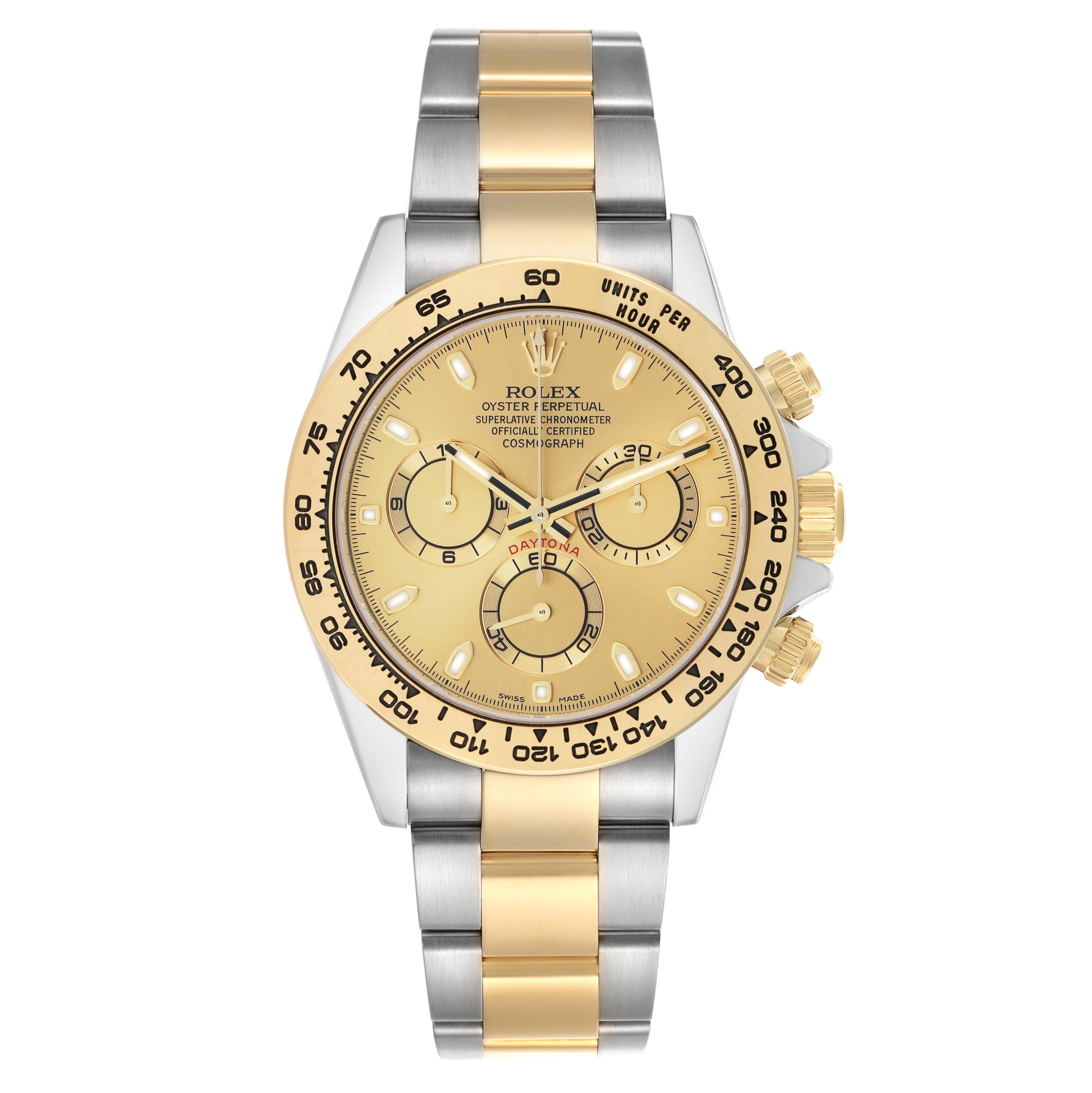 The Rolex Daytona 116503 Men
s Steel and Gold (two tone) Champagne Dial watch is shown from a top view, displaying its face, bezel, and two-tone bracelet.