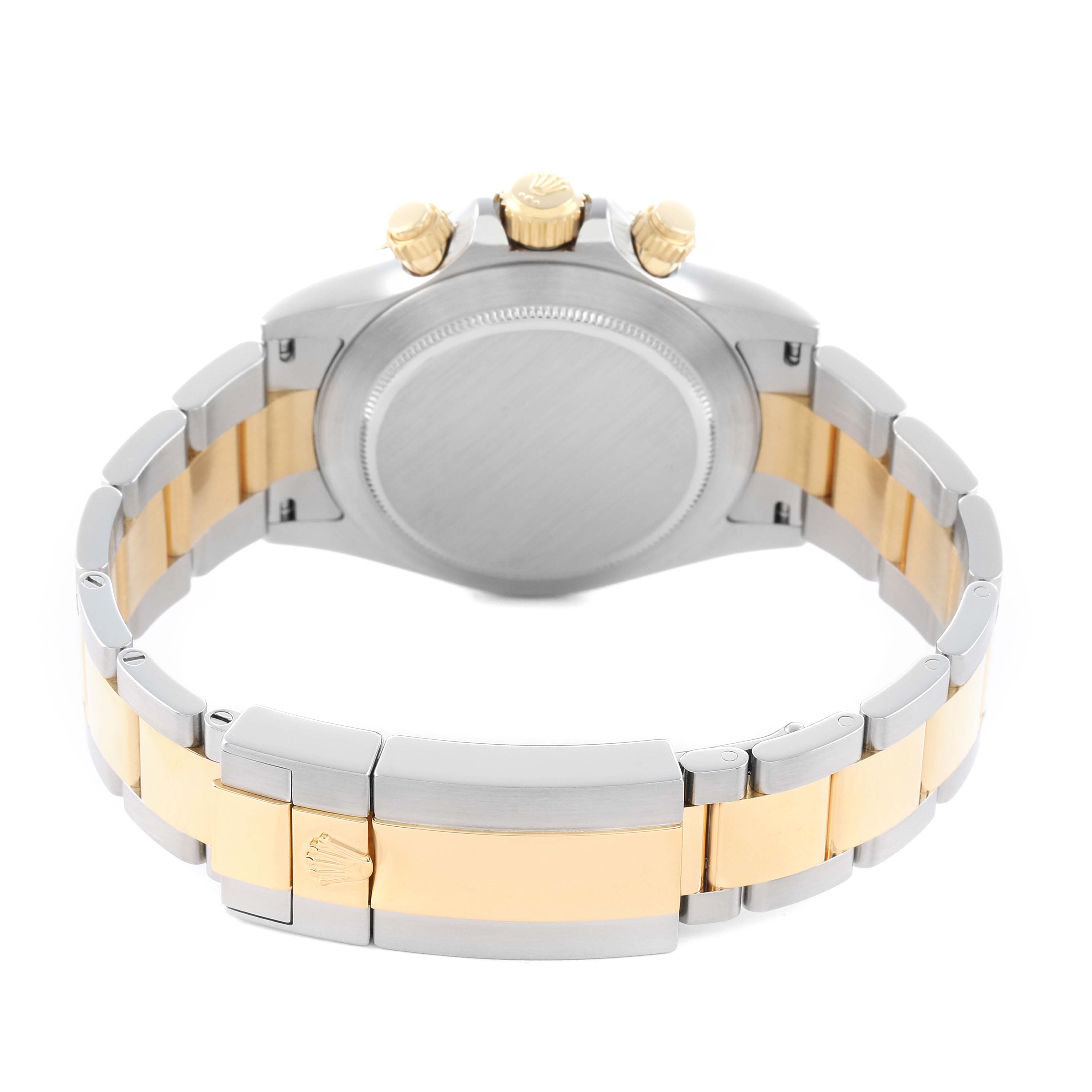 The image shows the Rolex Daytona 116503 Men
s Steel and Gold (two tone) Champagne Dial watch from the rear, highlighting the case back, crown, and two-tone bracelet.