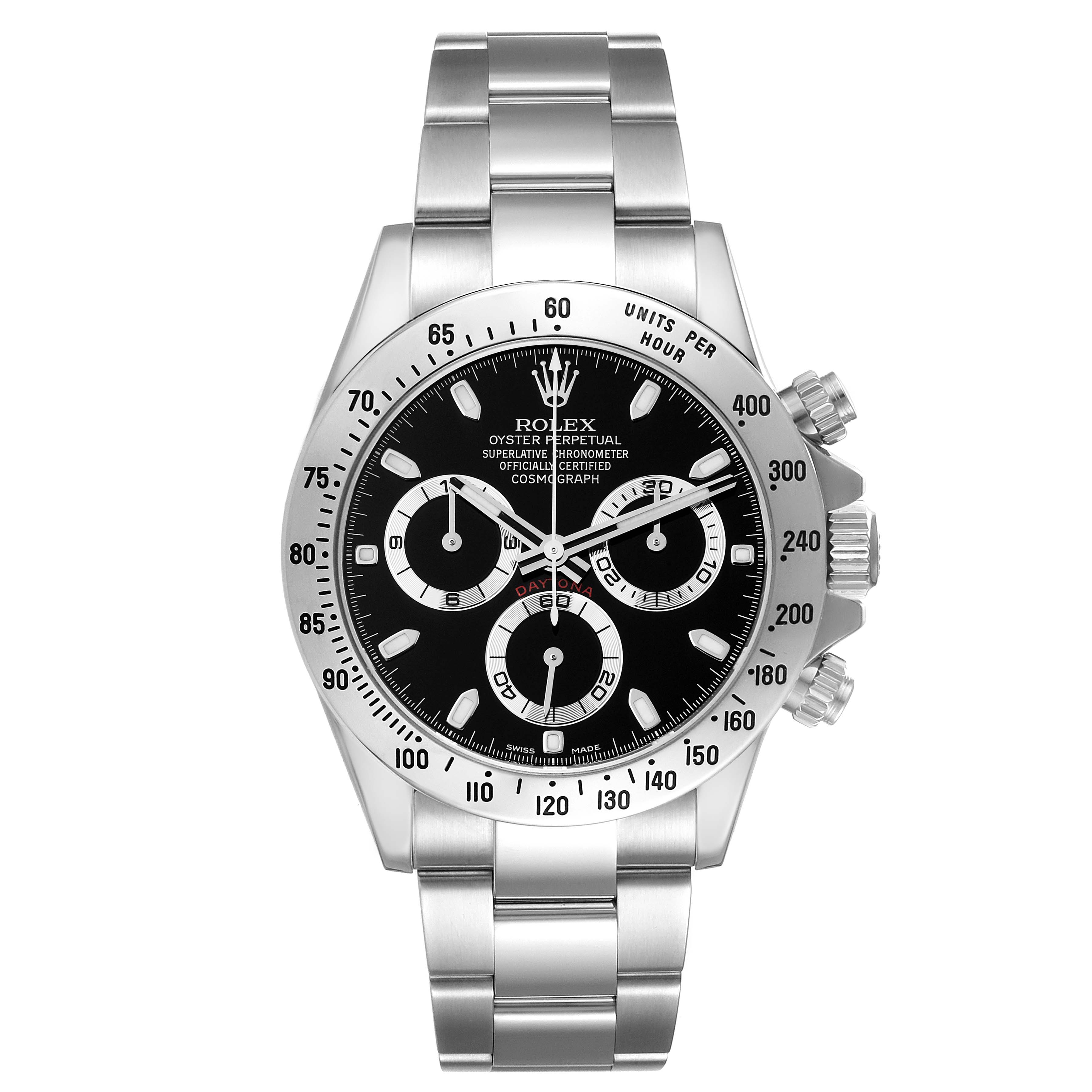 The Rolex Daytona 116520 Men
s Stainless Steel Black Dial watch is shown from the front, displaying the dial, bezel, crown, pushers, and bracelet.