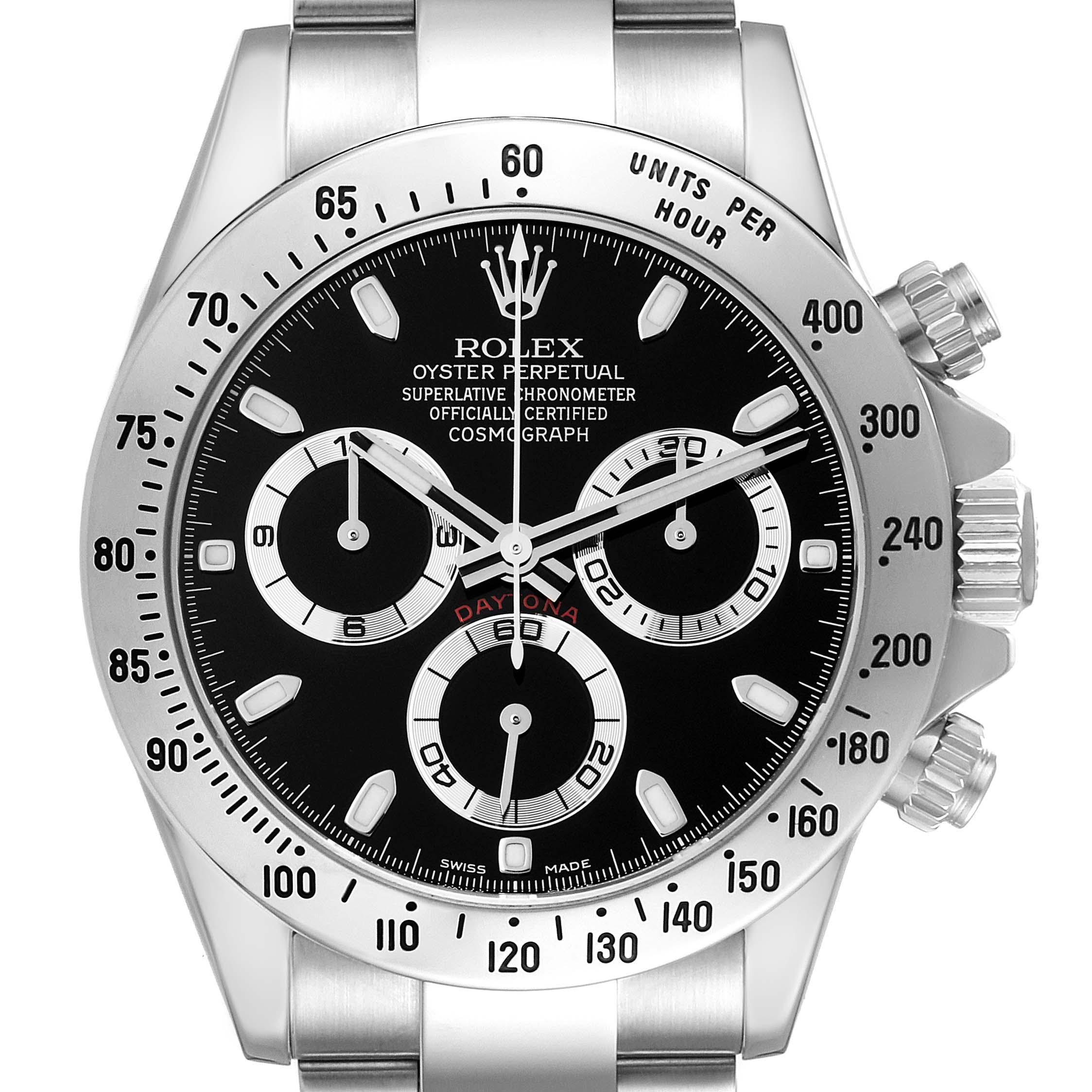 The Rolex Daytona 116520 Men
s Stainless Steel Black Dial watch is shown from a front angle, highlighting the dial, bezel, and pushers.