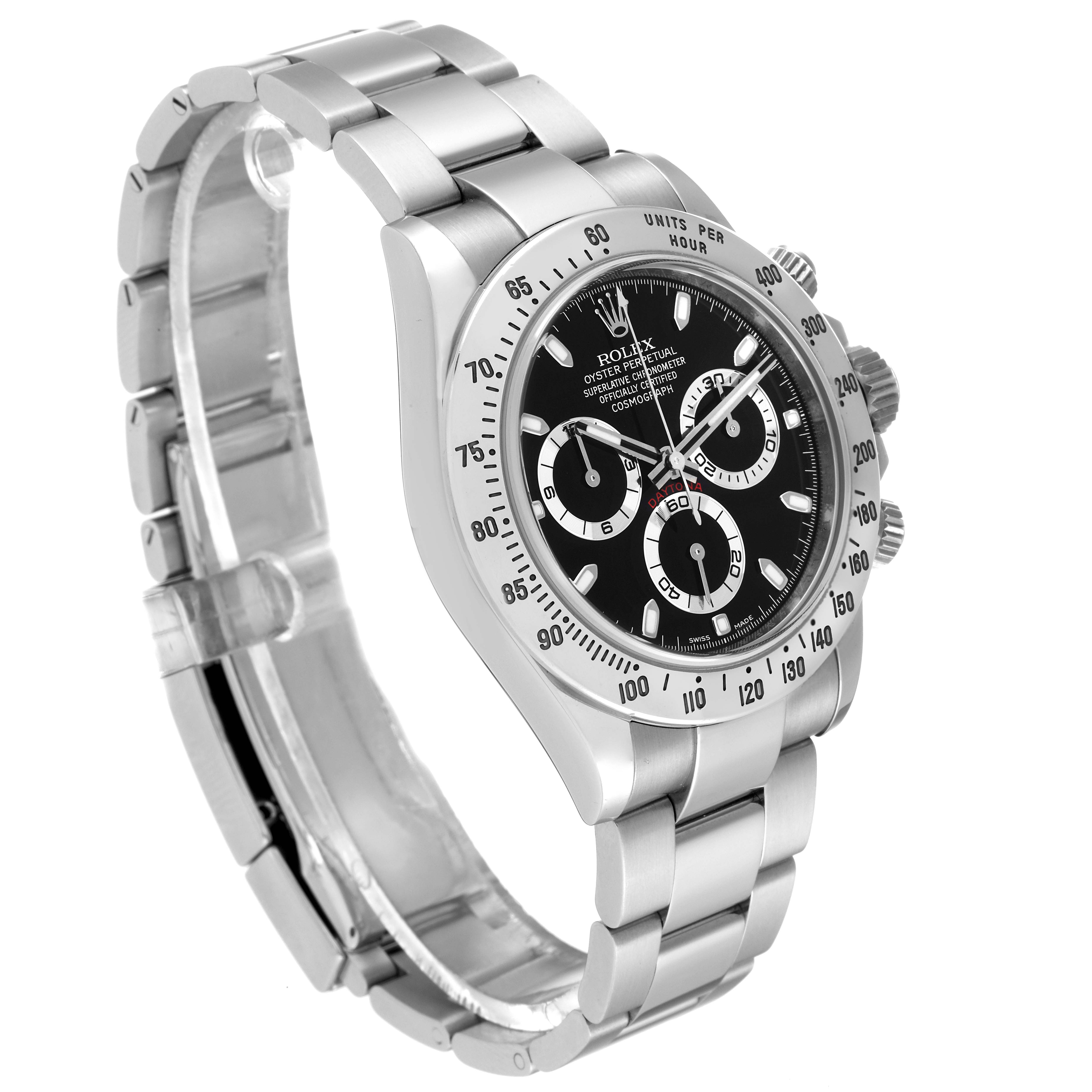 The Rolex Daytona 116520 Men
s Stainless Steel Black Dial watch is shown at a three-quarter angle, displaying the face, bezel, bracelet, and side pushers.