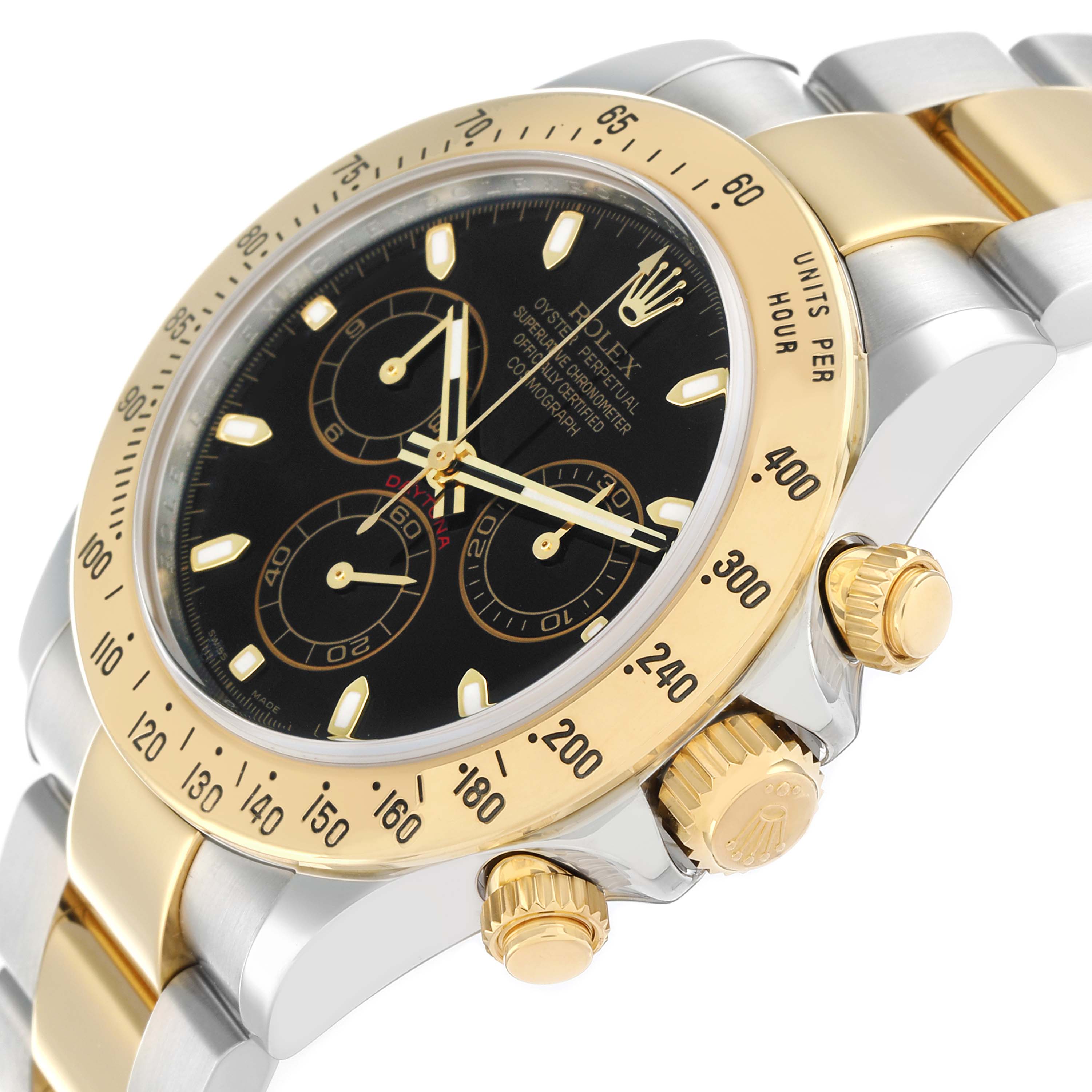 The Rolex Daytona 116523 Men
s Steel and Gold (two tone) Black Dial watch is shown from a side angle, highlighting the bezel, dials, crown, and part of the bracelet.