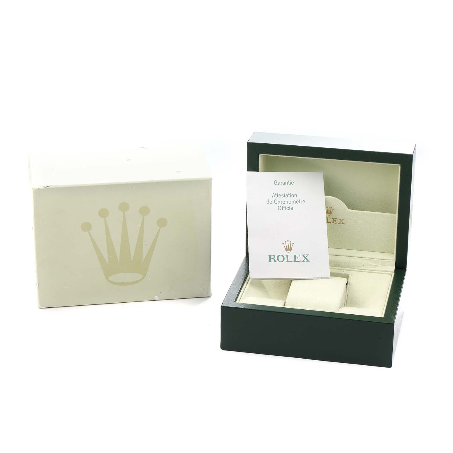 The image shows a Rolex Daytona 116523 Men
s Steel and Gold (two tone) Black Dial box and warranty card, angled to display the open box and packaging.