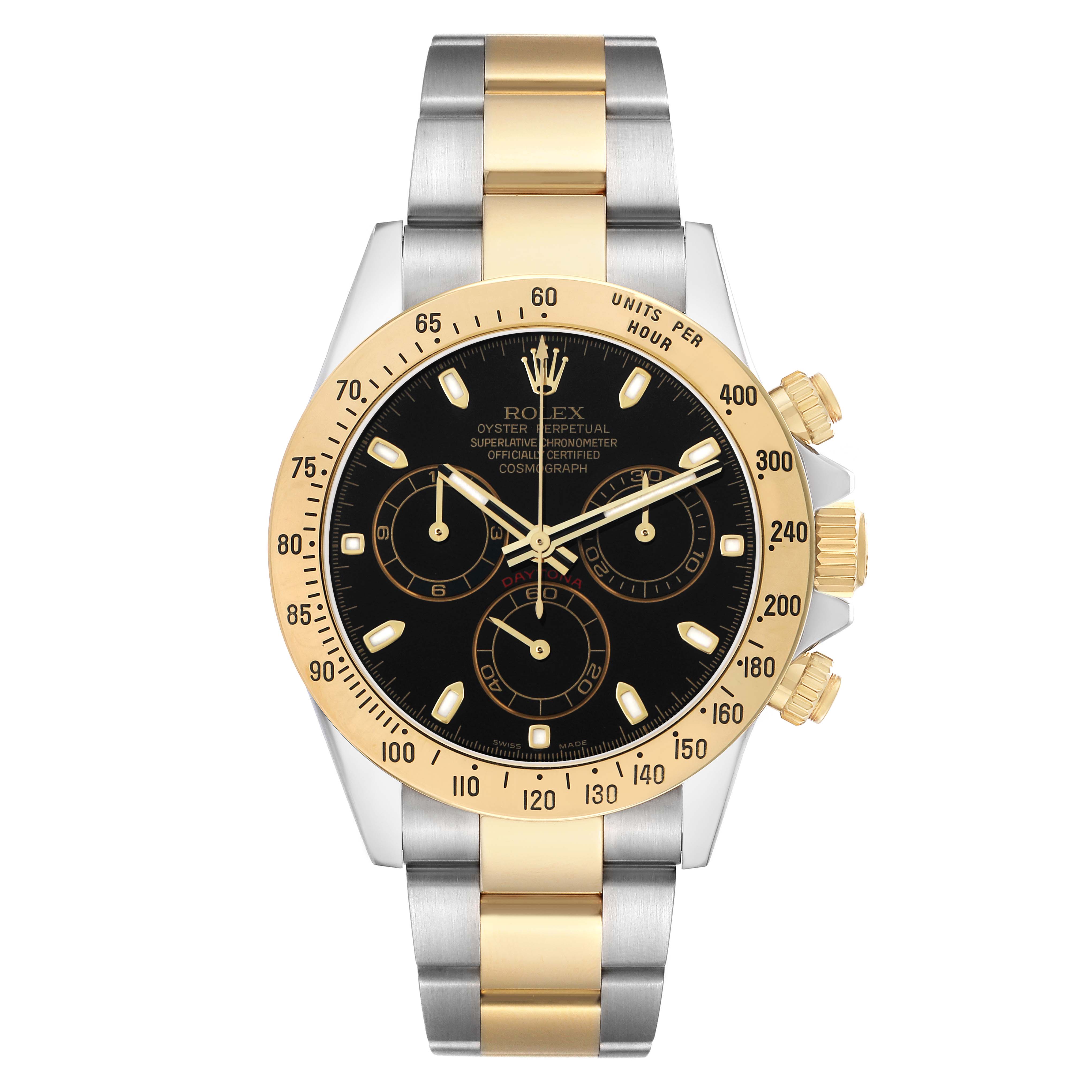 The Rolex Daytona 116523 Men
s Steel and Gold (two tone) Black Dial watch is shown from the front, highlighting its black dial, gold bezel, and two-tone bracelet.