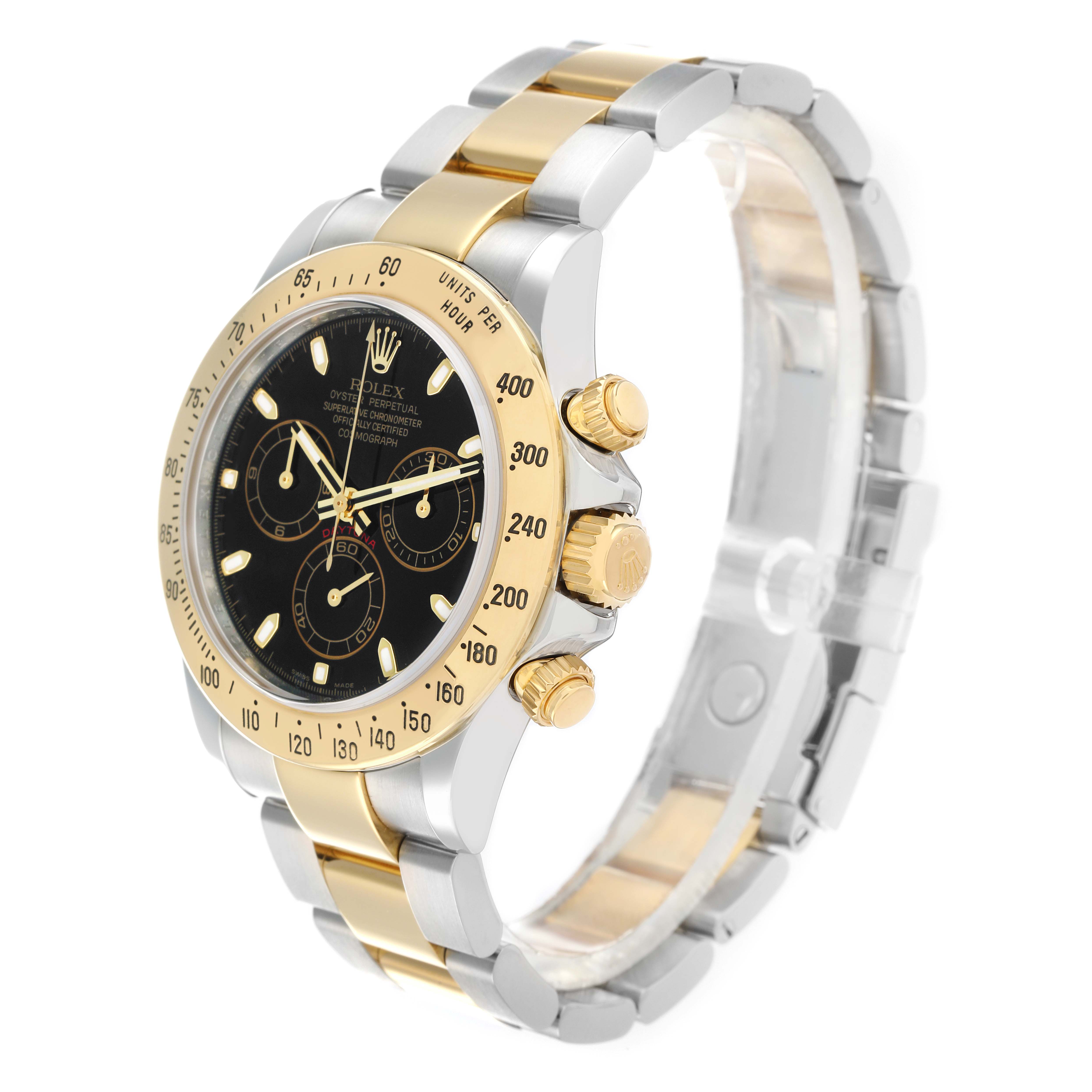 The Rolex Daytona 116523 Men
s Steel and Gold (two tone) Black Dial watch is shown at a three-quarter angle, highlighting its black dial, gold bezel, and two-tone bracelet.