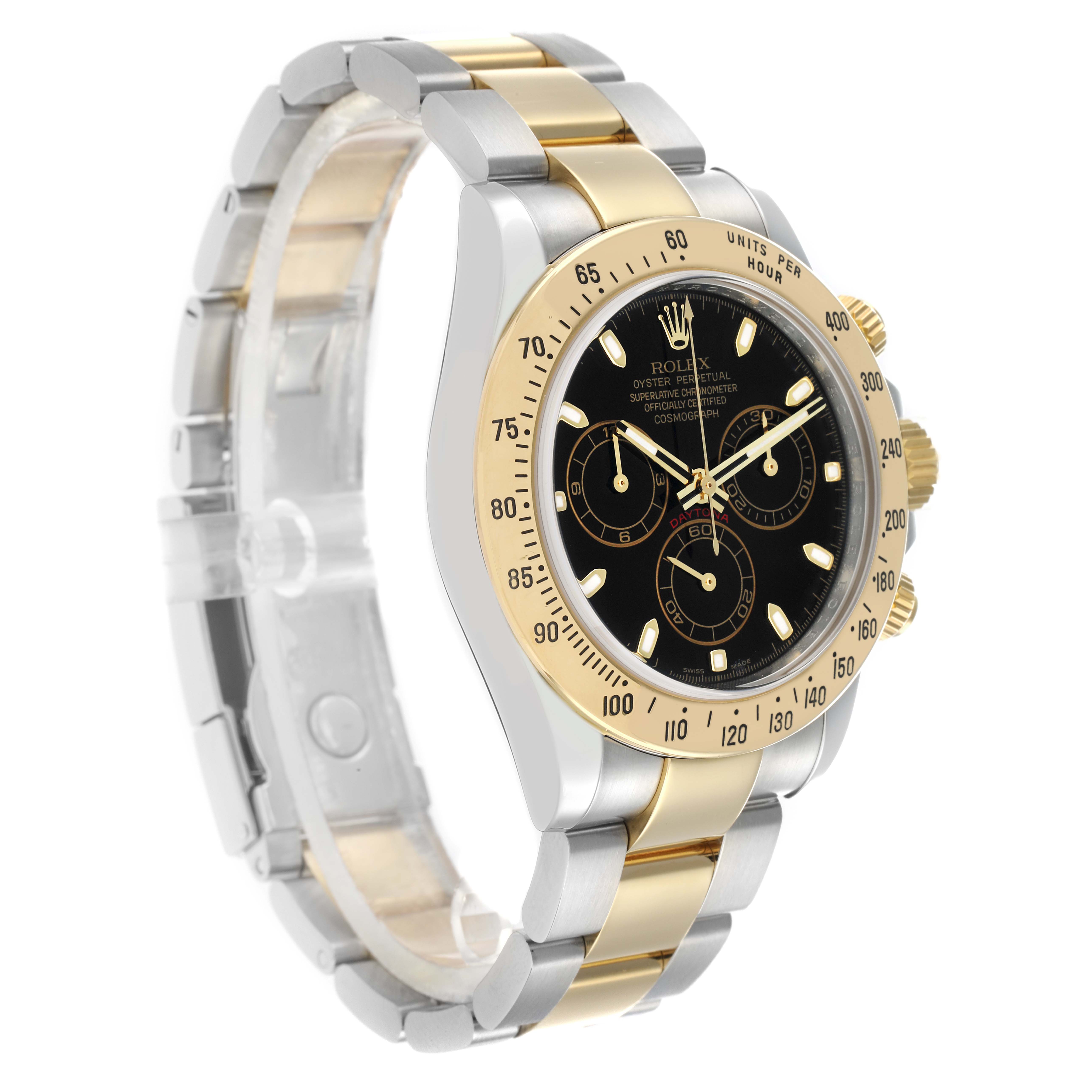 The Rolex Daytona 116523 Men
s Steel and Gold (two tone) Black Dial watch is viewed from a three-quarter angle, showcasing its black dial, gold bezel, pushers, and bracelet.