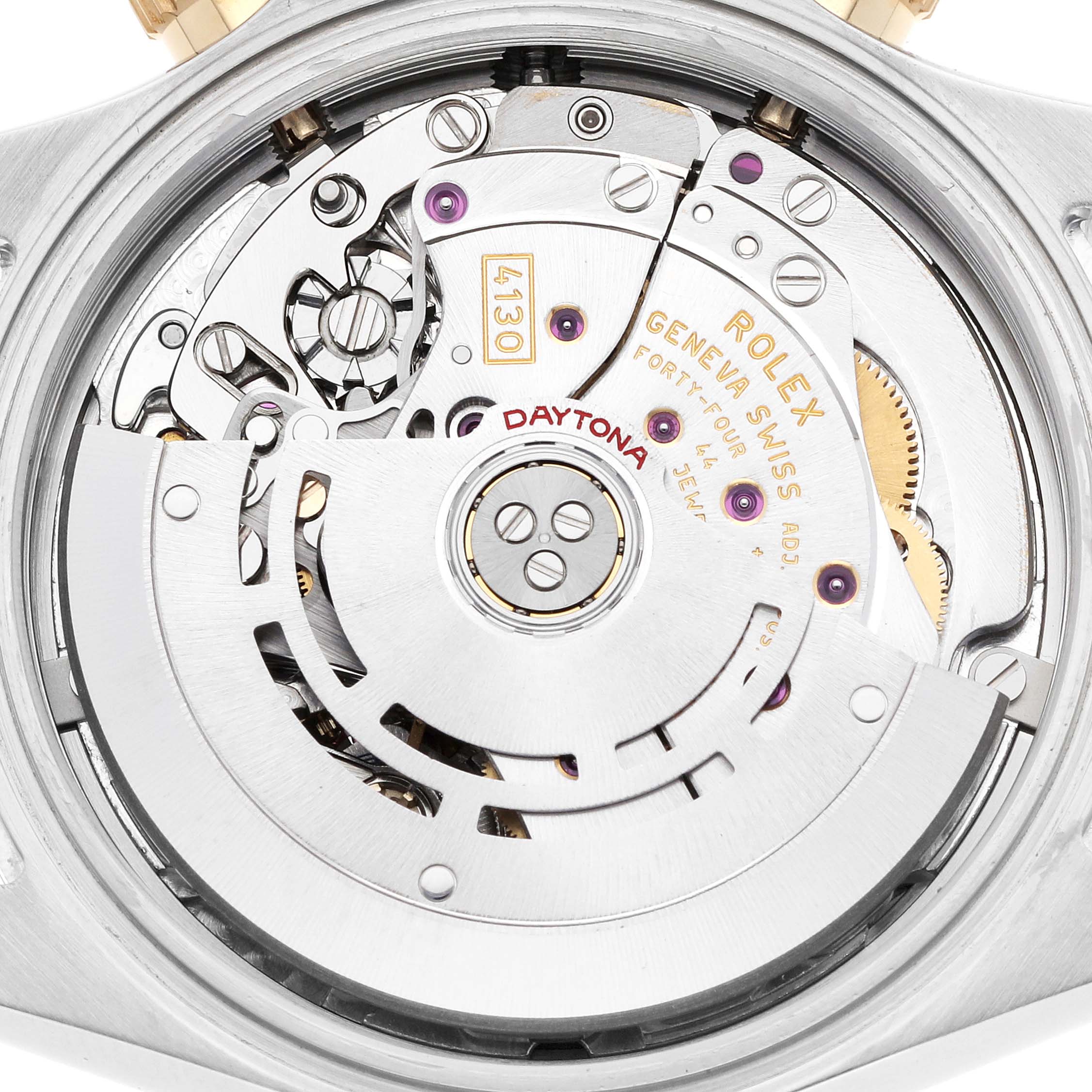 This image shows the movement of a Rolex Daytona 116523 Men
s Steel and Gold (two tone) Black Dial watch viewed from the back, highlighting the rotor and intricate mechanisms.